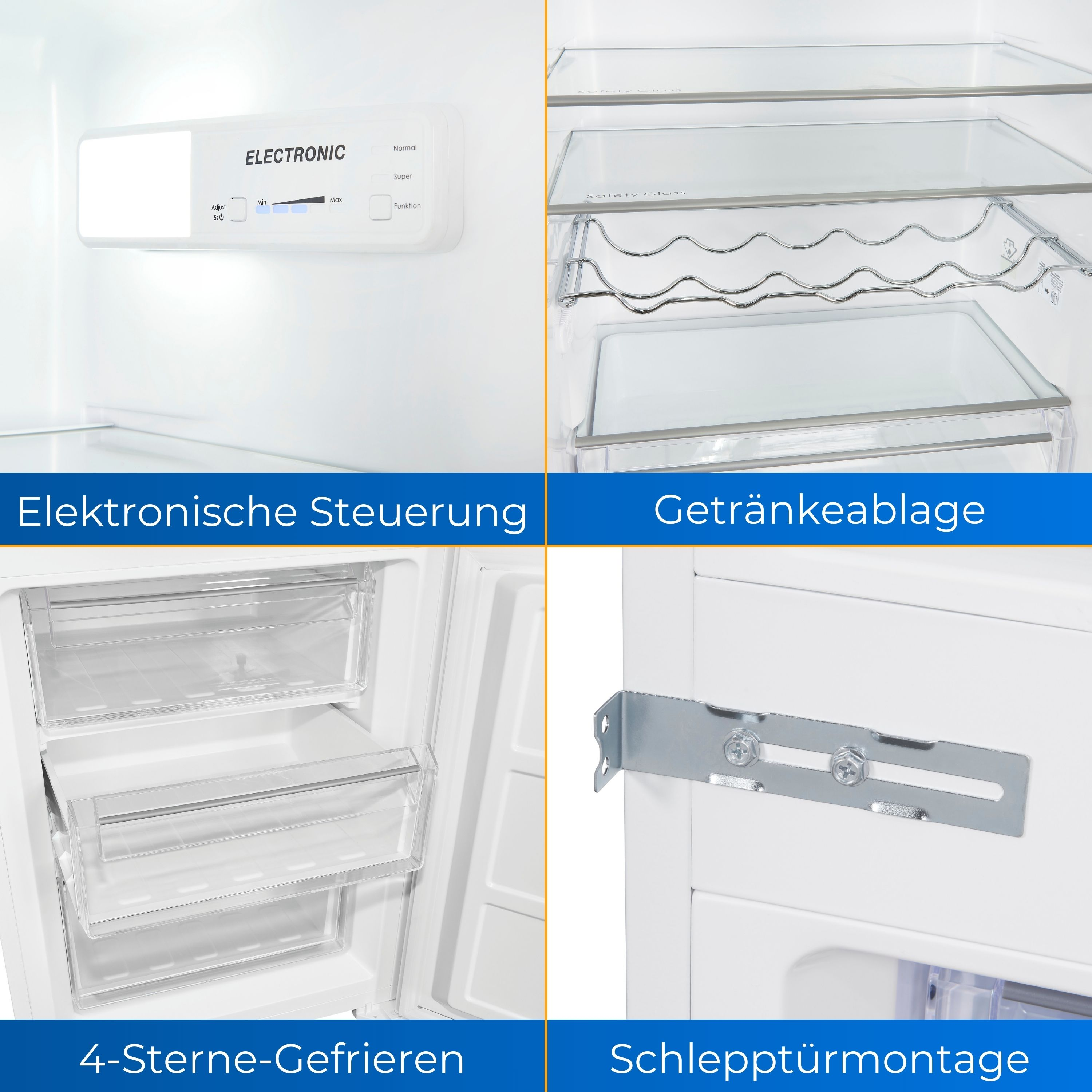Innenraum eines Kühlschranks mit Regalen und Schubladen. Oben rechts befindet sich ein Weinregal.