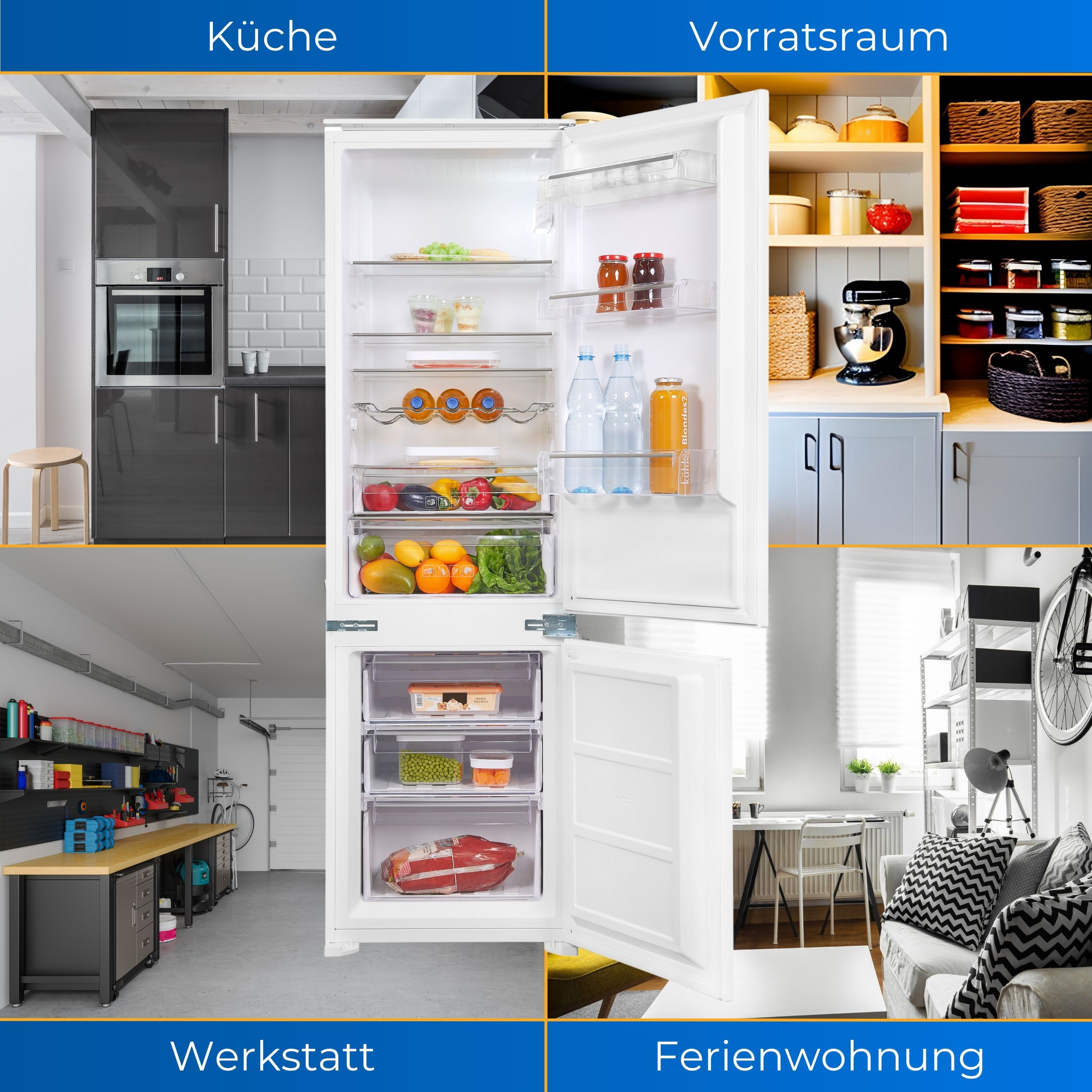 Collage von vier Szenen: Küche, Speisekammer, Werkstatt und Ferienhaus.