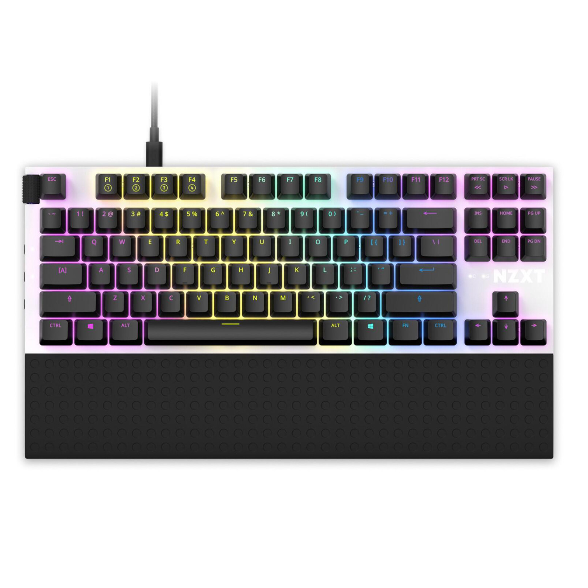 Tastiera meccanica NZXT bianca e nera con vari tasti, inclusi tasti funzione, e un poggiapolsi nero.