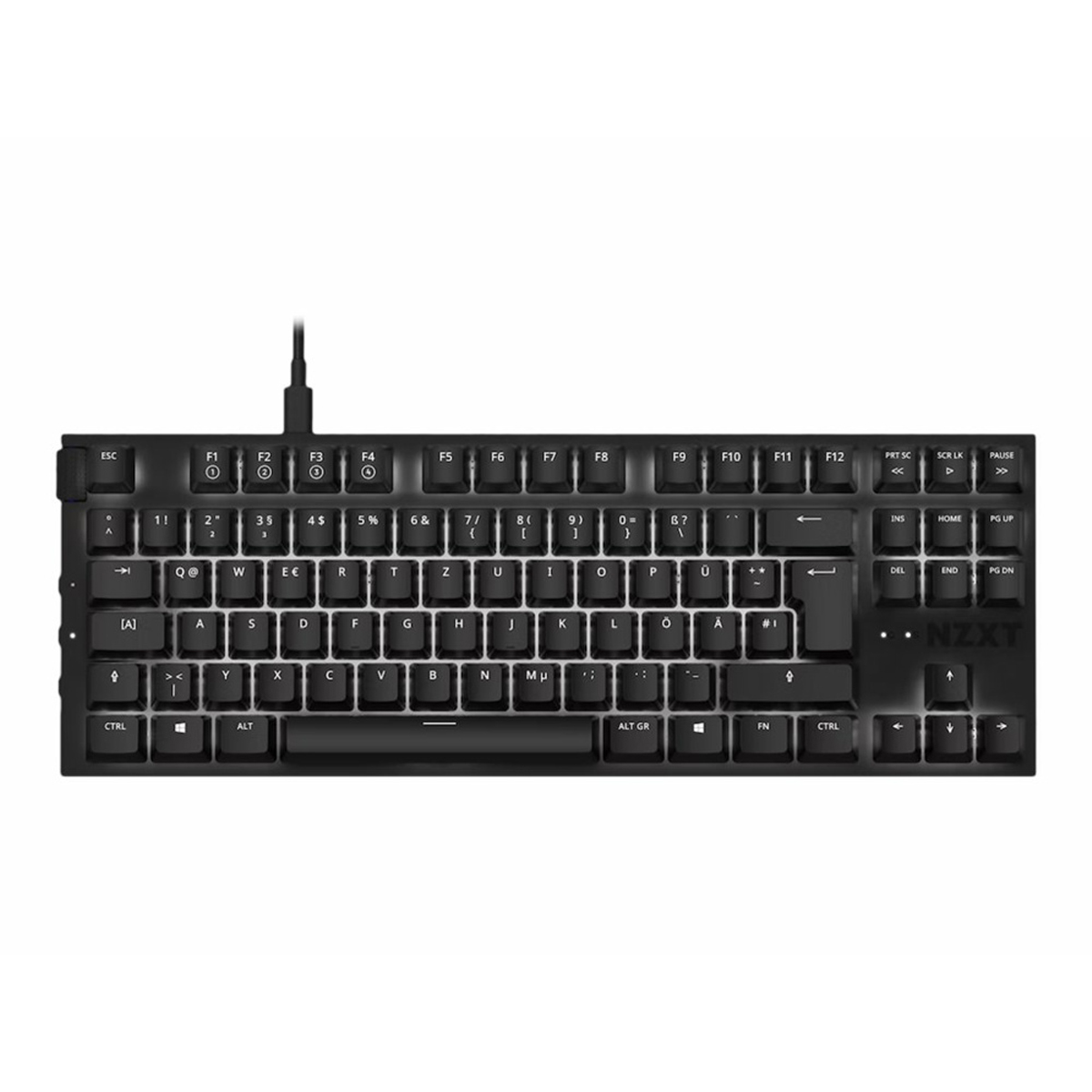 Viene visualizzata una tastiera meccanica NZXT nera, che mostra i tasti e il layout. Ha un cavo USB.