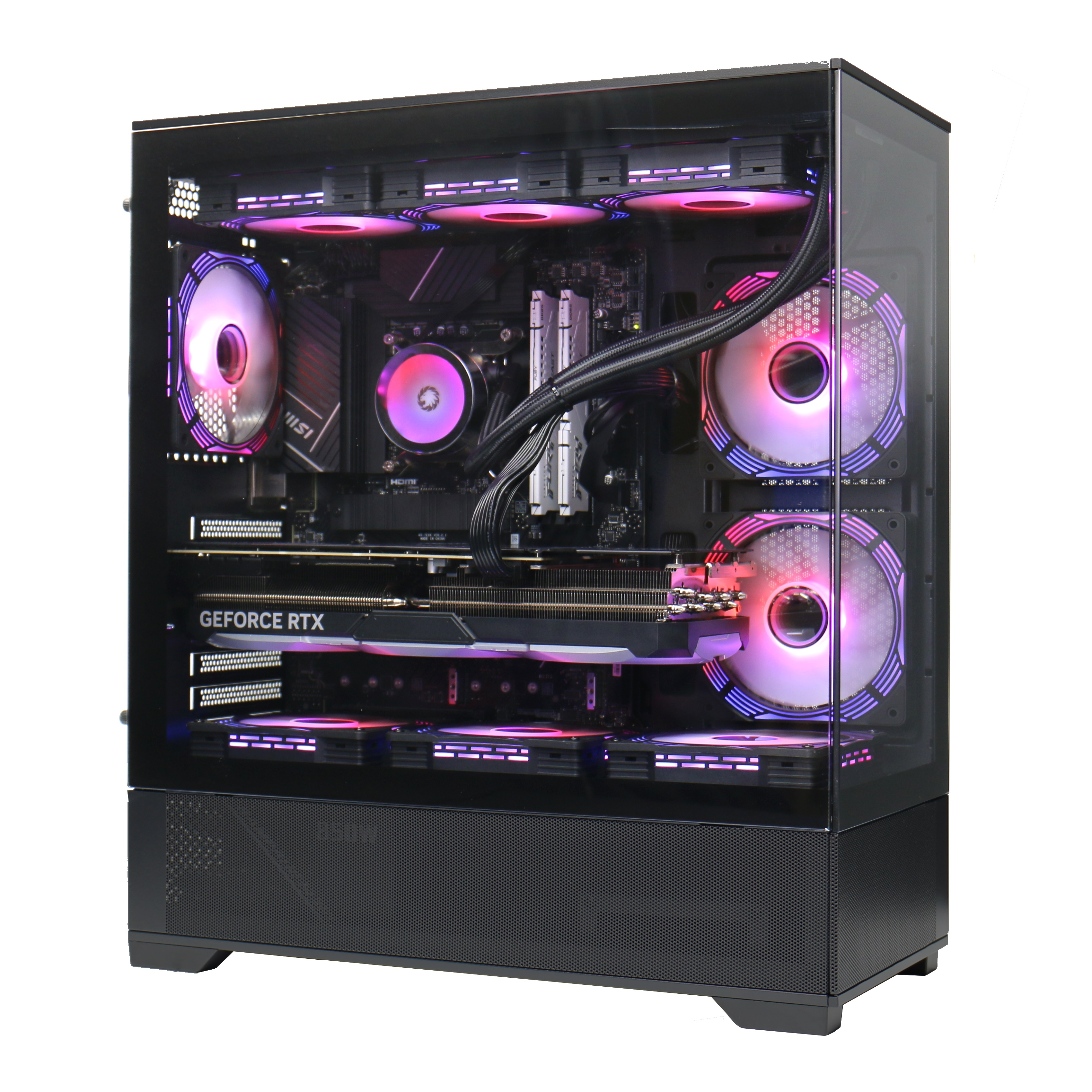 Ein Computergehäuse mit Glasplatte, zeigt interne Komponenten und Lichter.