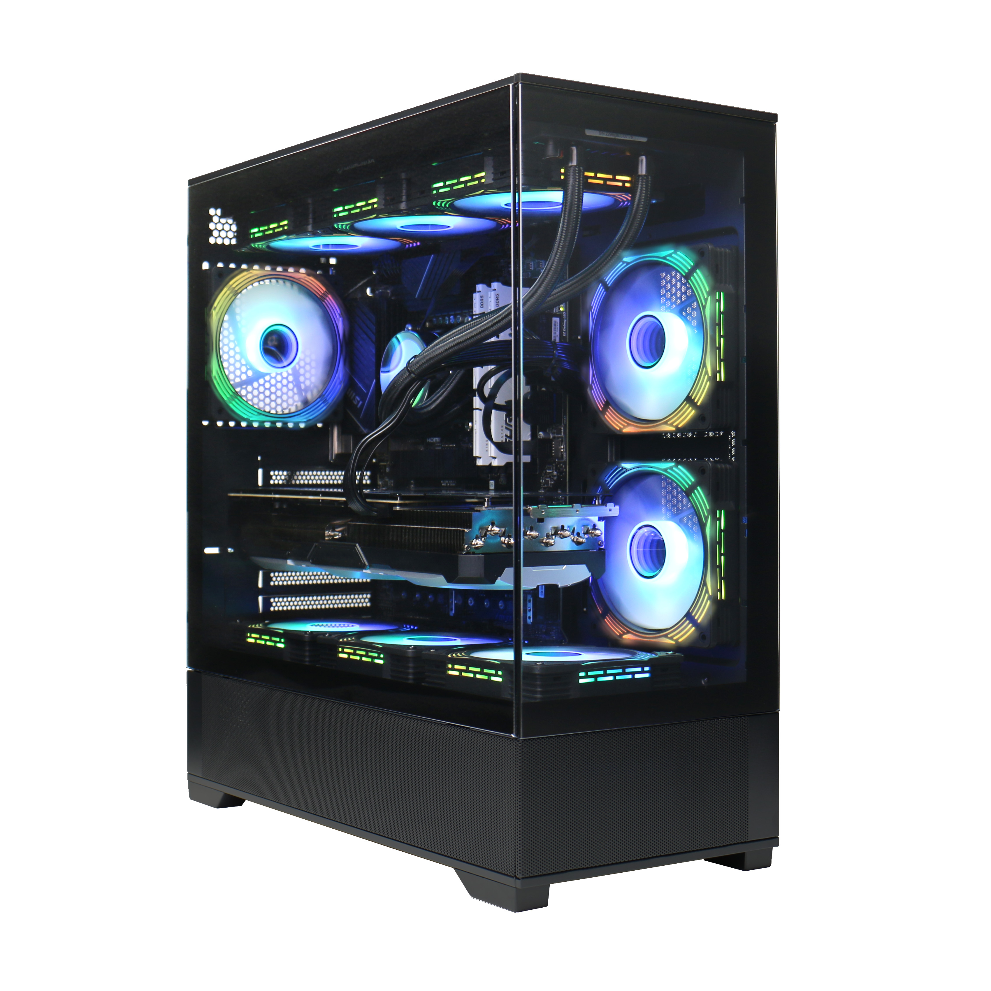 Ein Gaming-PC mit Glasgehäuse, bunten Lüftern und sichtbaren internen Komponenten.
