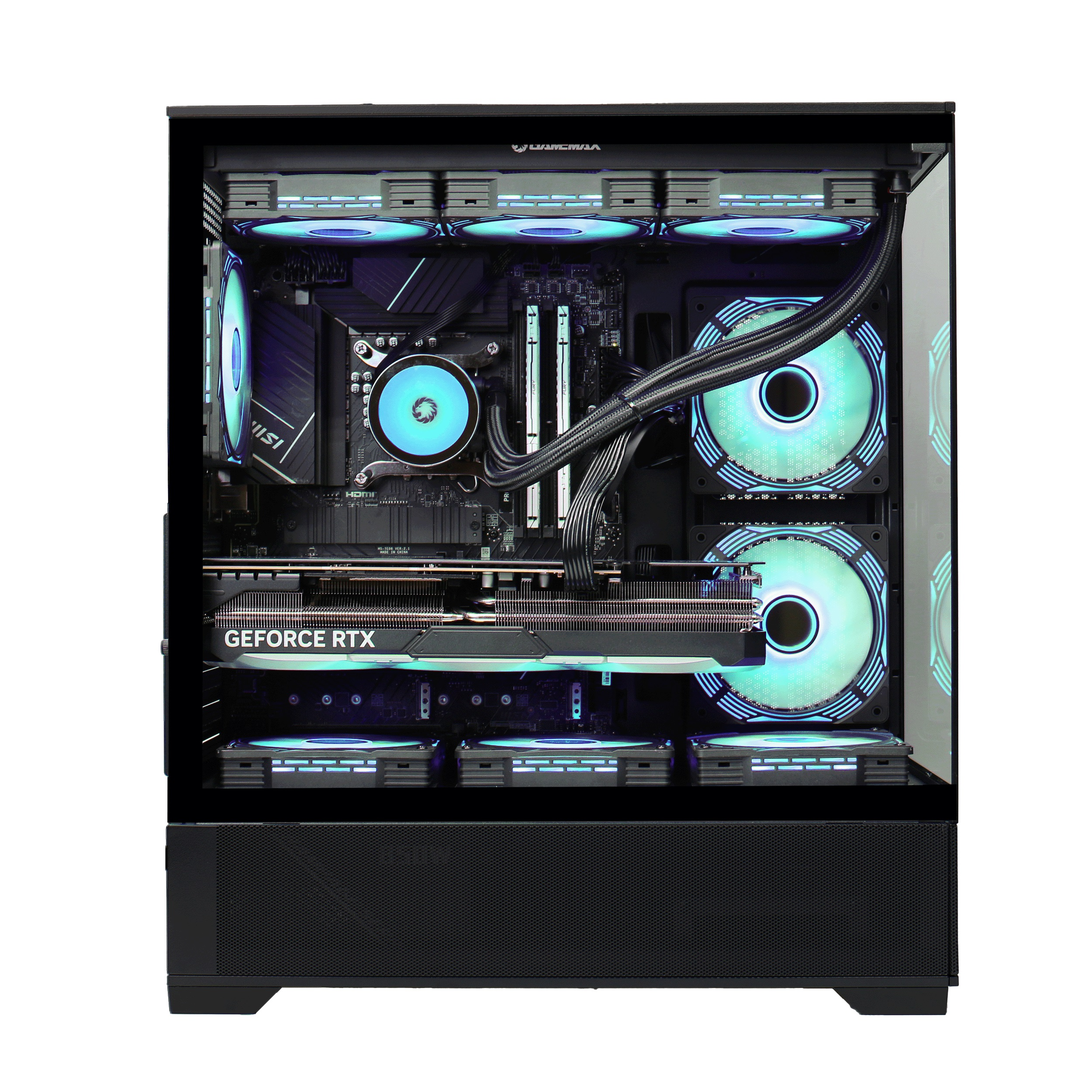 Ein schwarzes Computergehäuse mit internen Komponenten: Lüfter, Grafikkarte und Mainboard.