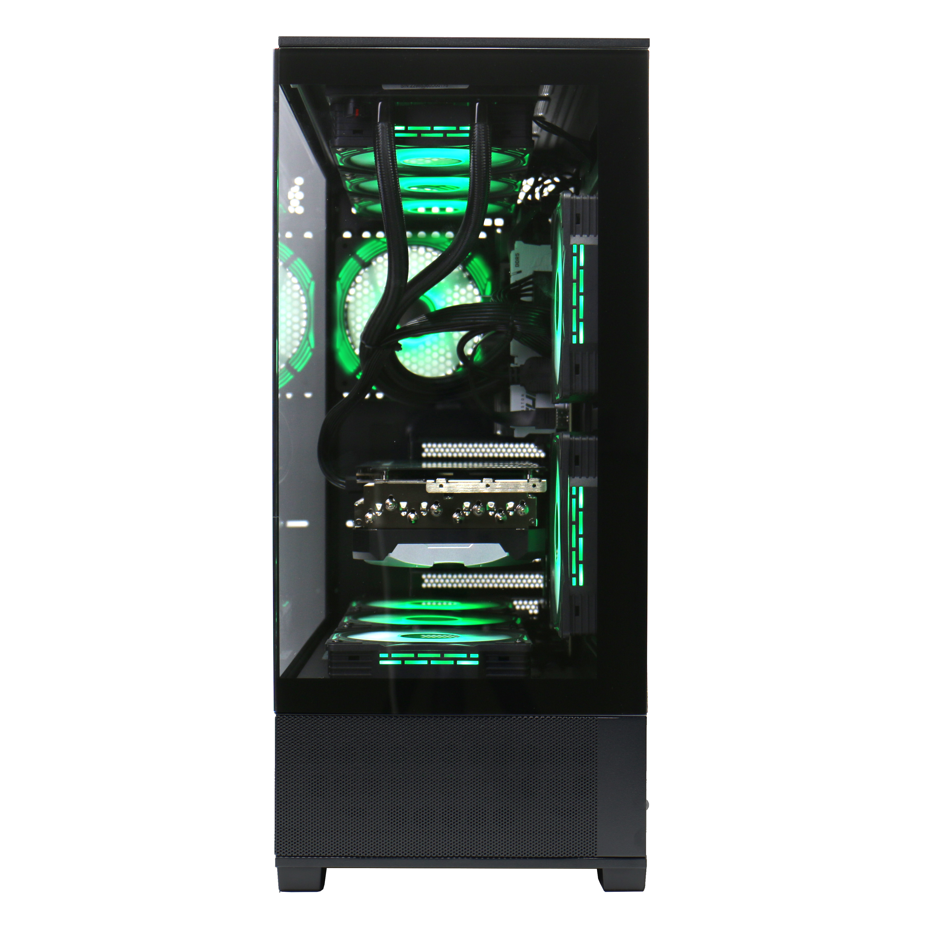 Ein schwarzes Computergehäuse mit grünen Lichtern im Inneren, die Komponenten deutlich zeigen.