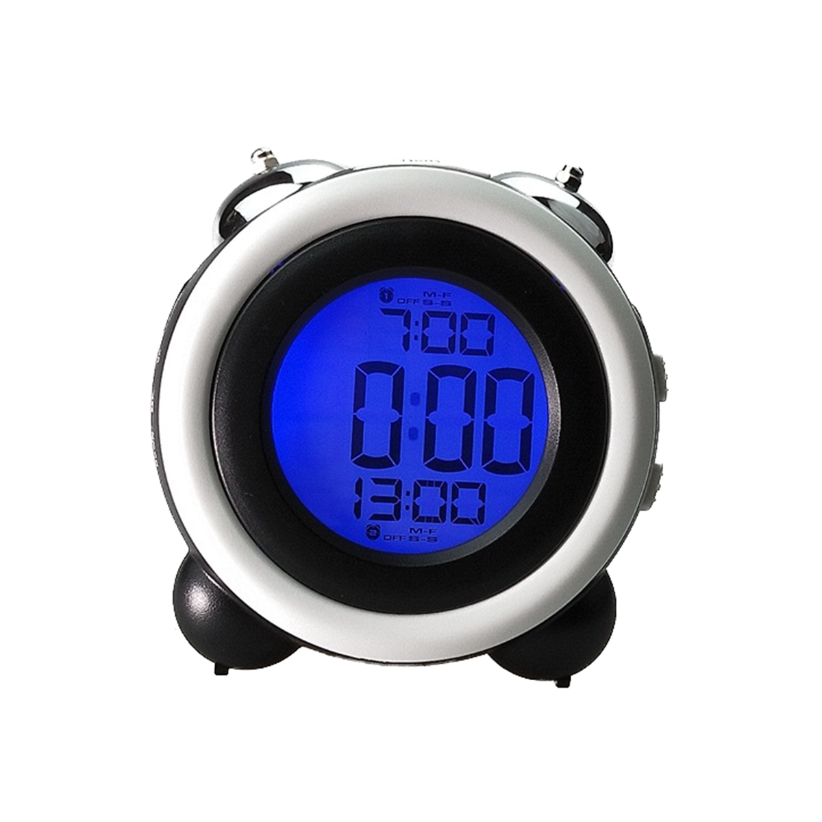 Schwarz-silberner digitaler Wecker mit blauem Display, das Zeit und Alarme anzeigt. Schwarze Basis und silberner Ring.