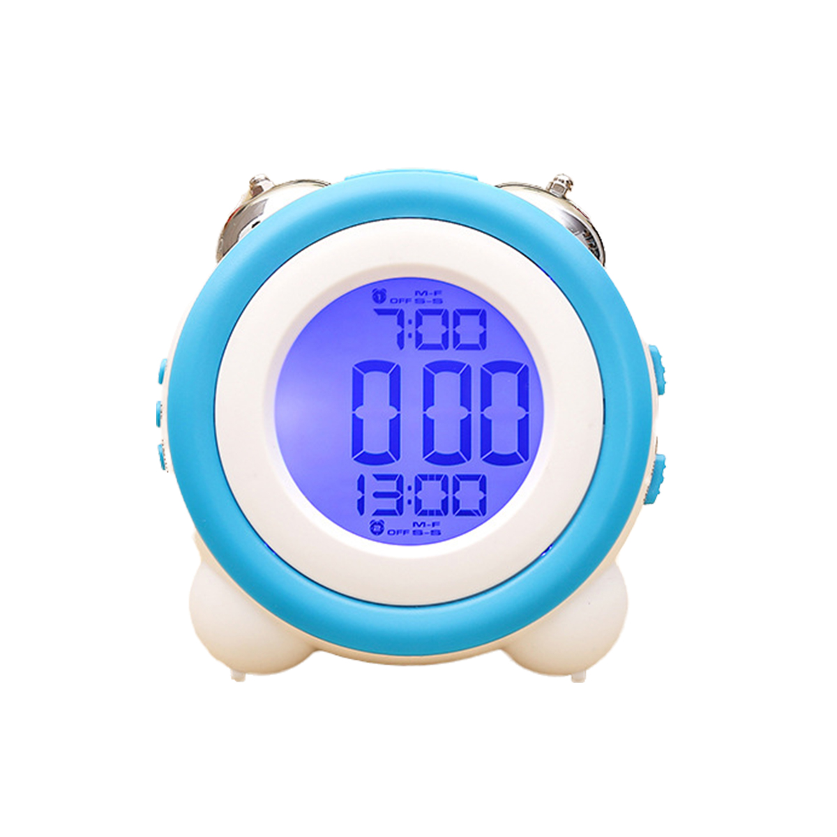 Blau-weißer digitaler Wecker mit Zeitanzeige und blau beleuchtetem Display.