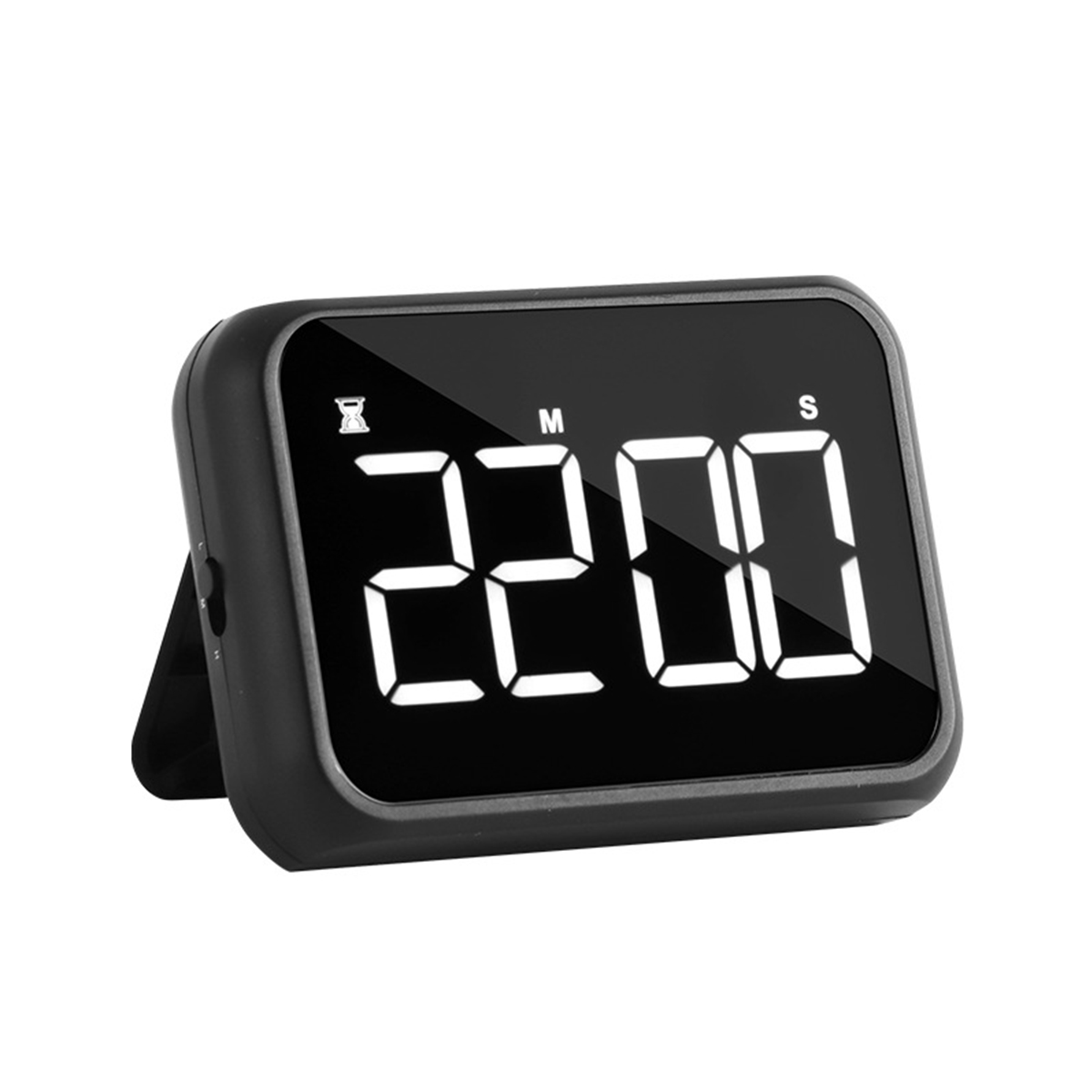 Schwarzer Digitaltimer mit weißen Zahlen. Er zeigt 22:00. Auf der Rückseite ist ein Ständer.