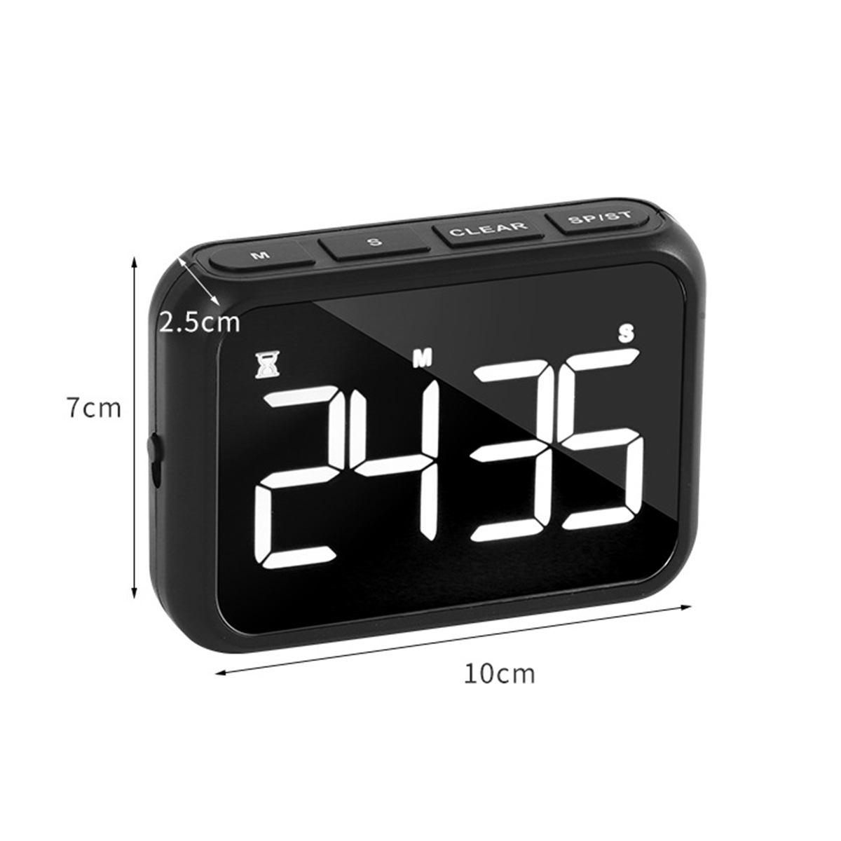 Schwarzer digitaler Timer mit weißen Zahlen. Abmessungen sind angegeben. Klare Präsentation.