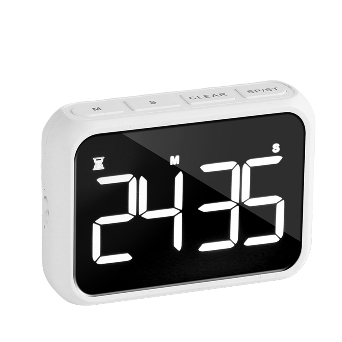 Weißer digitaler Küchentimer, der 24:35 anzeigt, mit Clear- und Start/Stopp-Tasten.