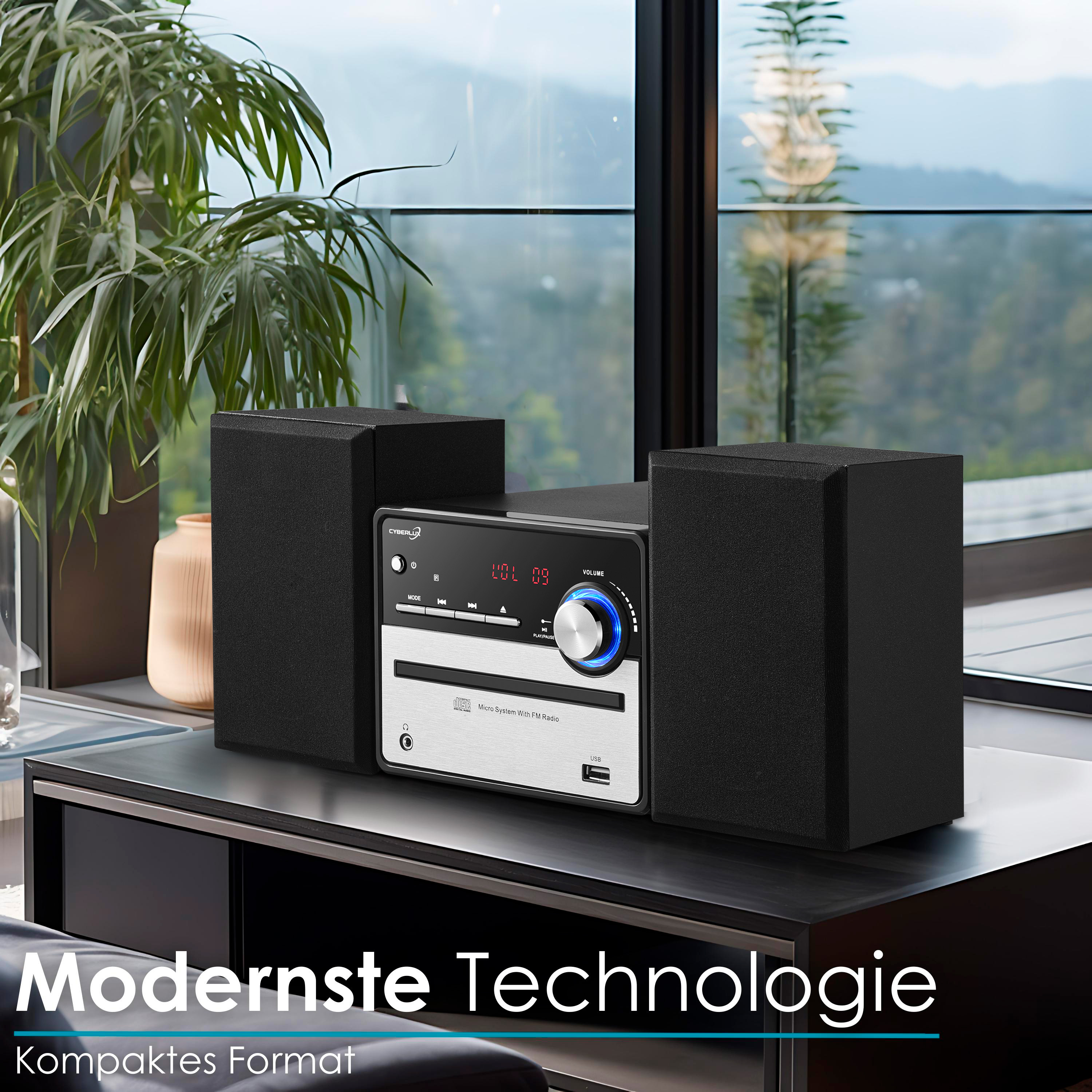Ein modernes Stereo-System mit Lautsprechern und Display, auf schwarzer Oberfläche.