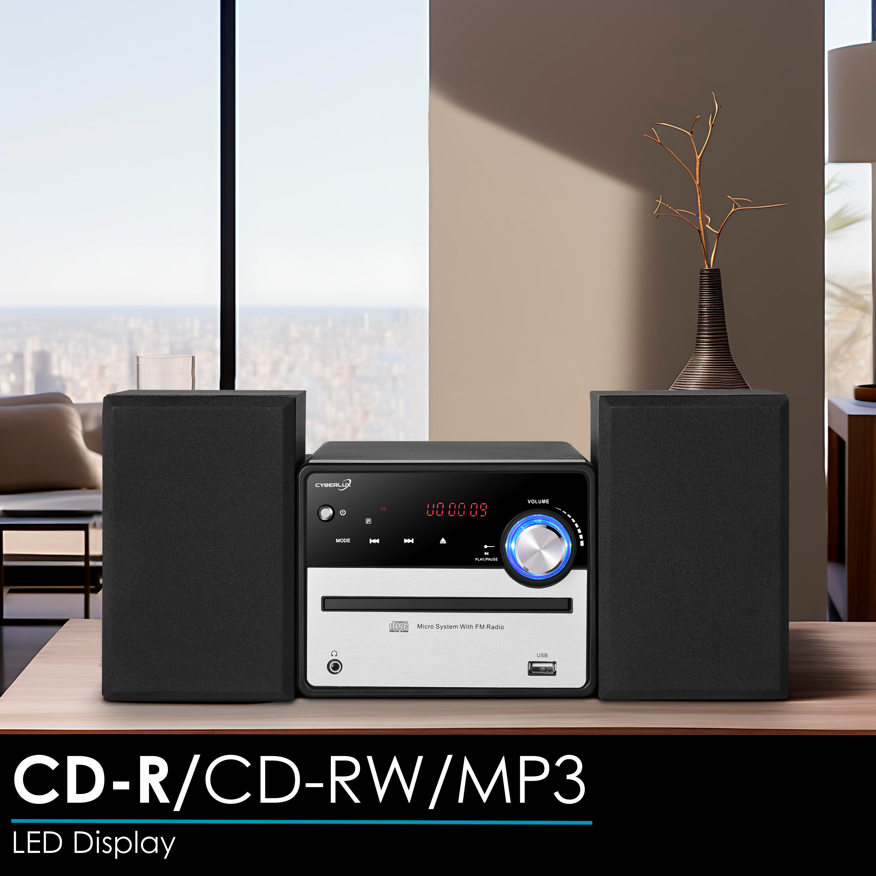 Mikrosystem mit CD-Player und UKW-Radio, schwarze Lautsprecher auf jeder Seite, Anzeige mit Uhrzeit und Lautstärkeregler.