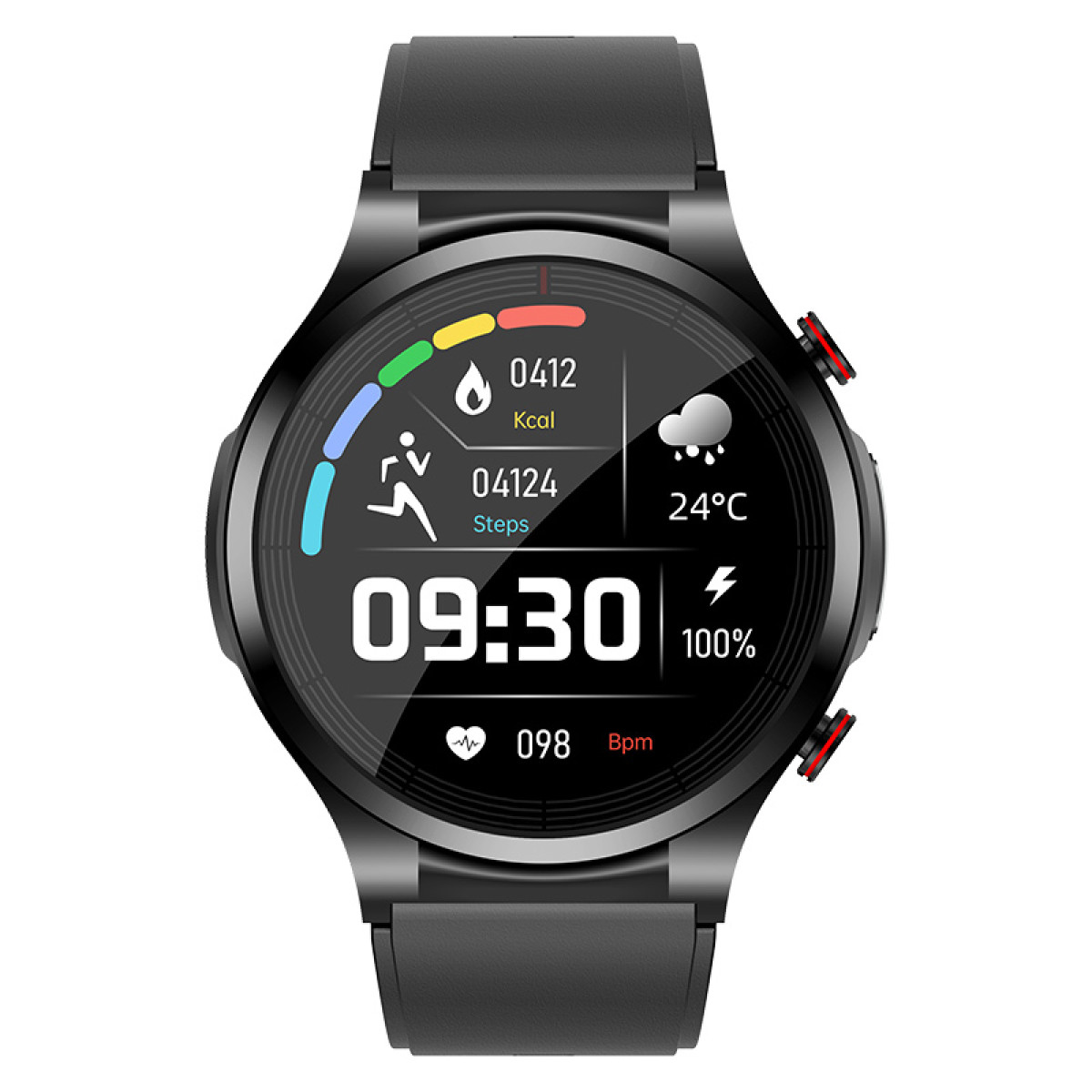 Schwarze Smartwatch mit rundem Display. Zeigt Zeit, Schritte und Wetter an.
