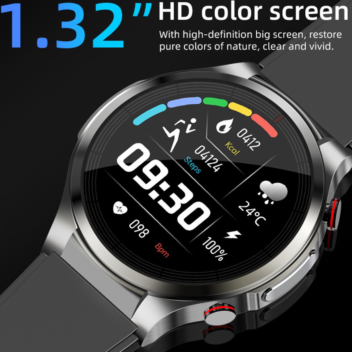 Smartwatch-Bildschirm zeigt Zeit, Schritte, Herzfrequenz und Wetterinformationen. Schwarzer Hintergrund.
