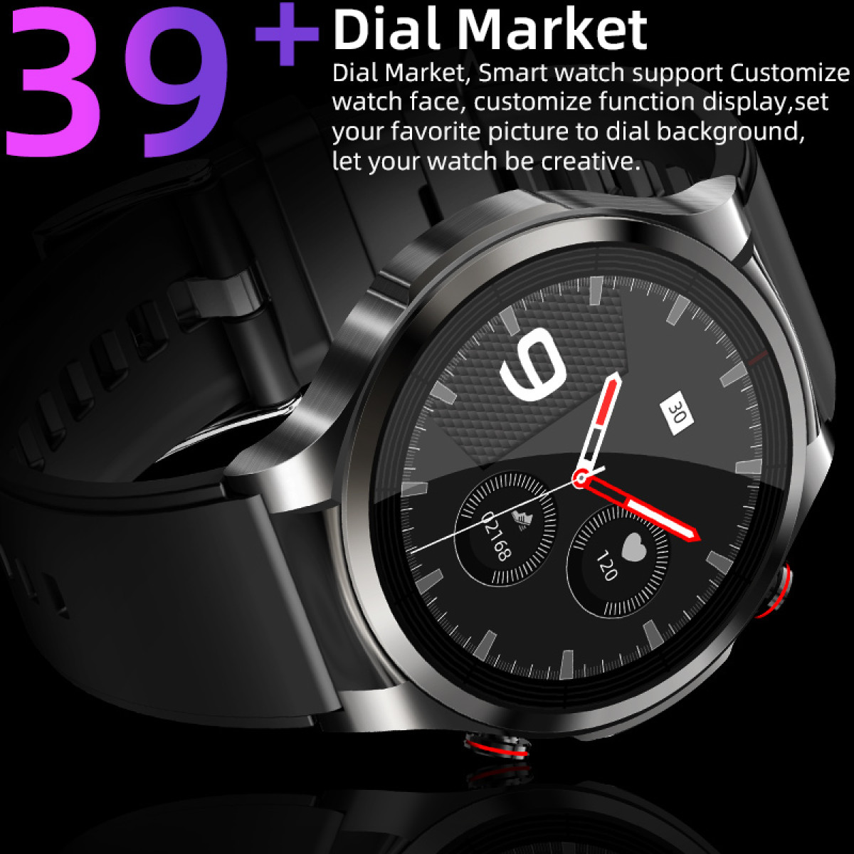Eine Smartwatch mit schwarzem Zifferblatt, zeigt Zahlen und Zeit. Der Text „Dial Market“ steht oben.