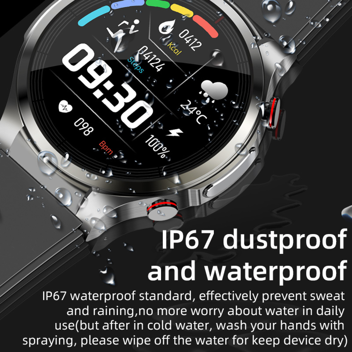 Eine silberne Smartwatch zeigt Zeit, Schritte, Herzfrequenz und Temperatur an. Wassertropfen sichtbar.