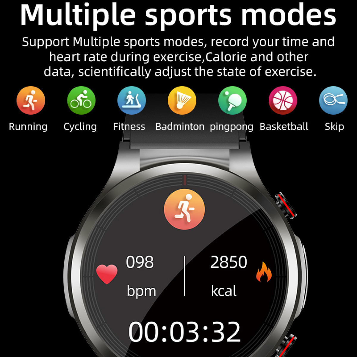 Smartwatch-Bildschirm mit Sport-Symbolen und Daten: Laufen, Radfahren, Fitness, Badminton usw.