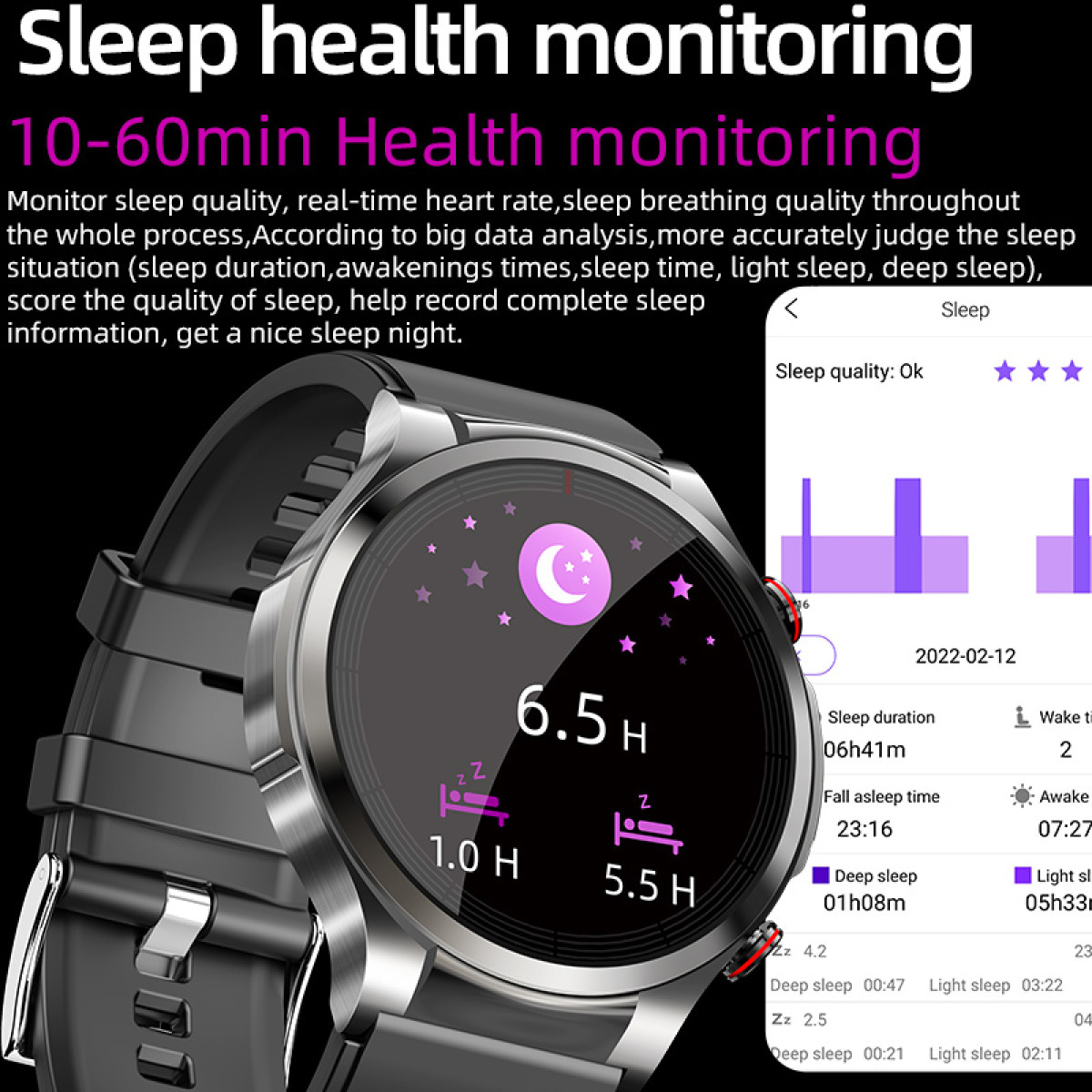 Smartwatch mit Schlafdaten. Zeigt Schlafdauer, Einschlafzeit und Tiefschlafdauer an.