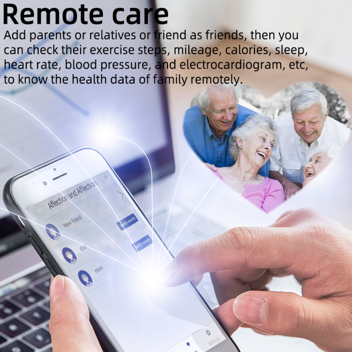 Ein Telefonbildschirm zeigt Gesundheitsdaten der Familie mit Herzsymbol.