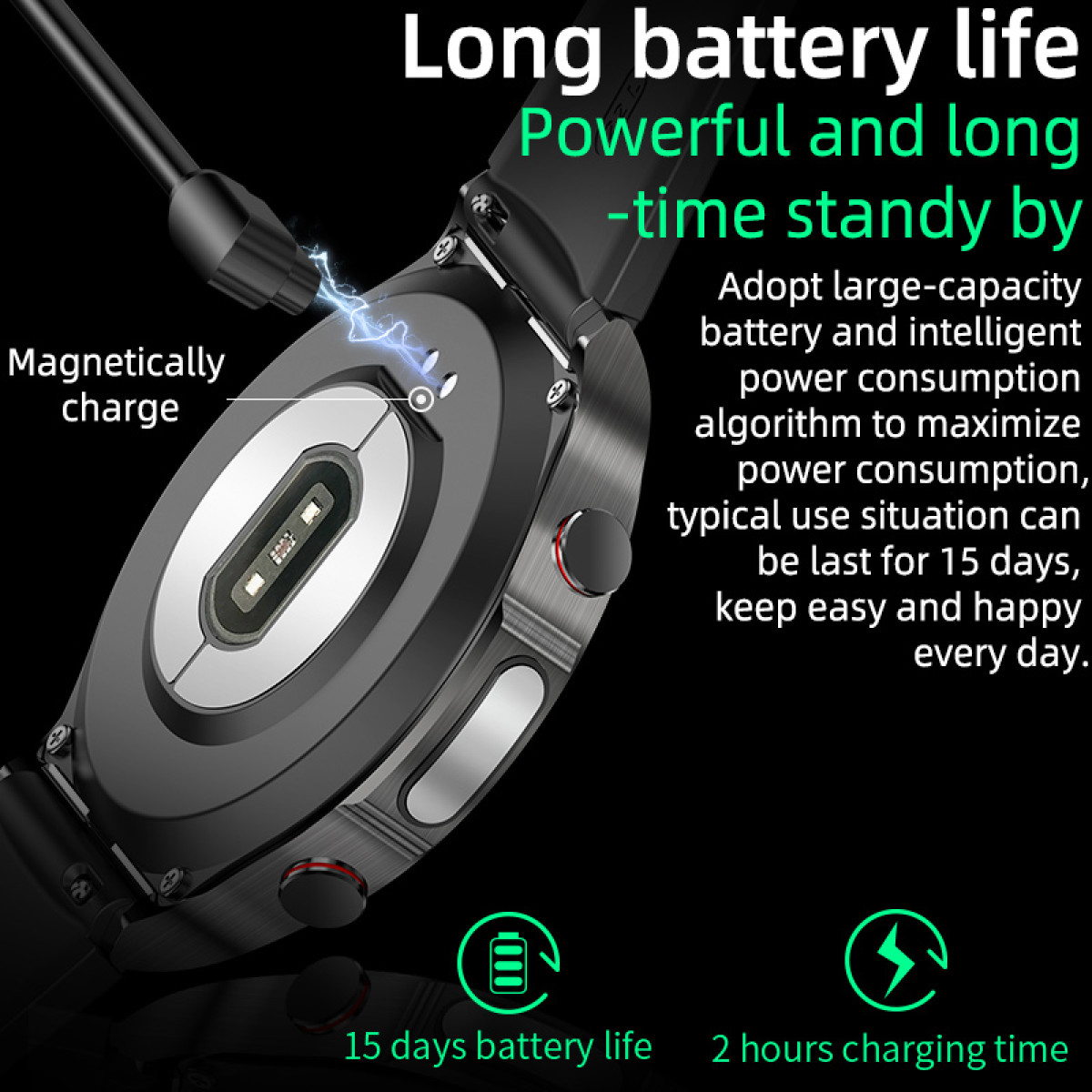 Eine Smartwatch mit schwarzem Gehäuse und Armband, die auf einer schwarzen Oberfläche mit Text und Symbolen zur Akkulaufzeit angezeigt wird.