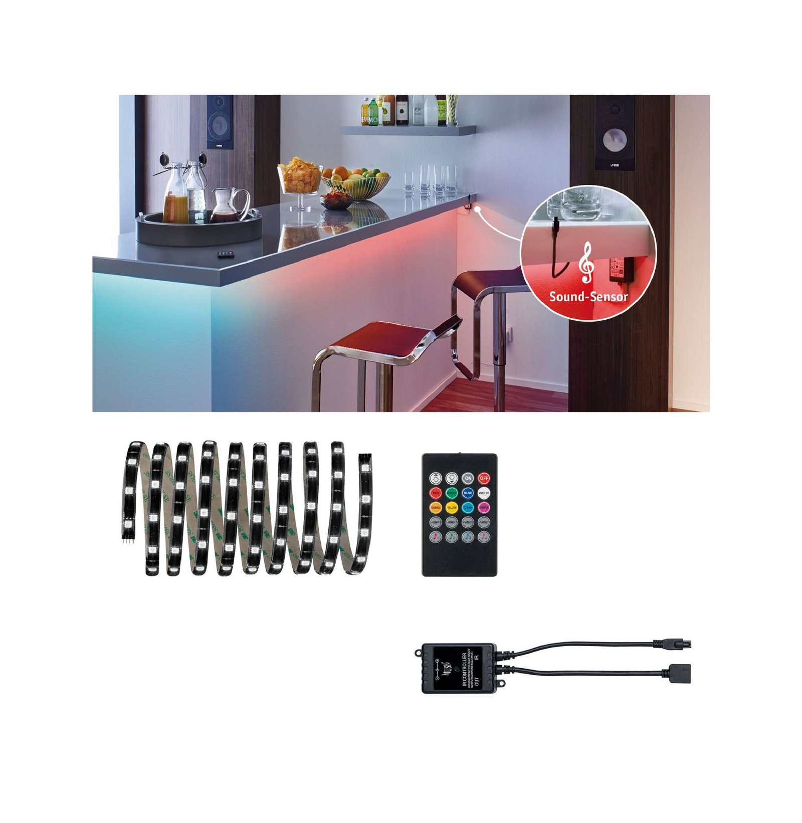 Bareinstellung mit LED-Streifen, Fernbedienung und Steuereinheit. Rote, blaue und weiße Lichter.