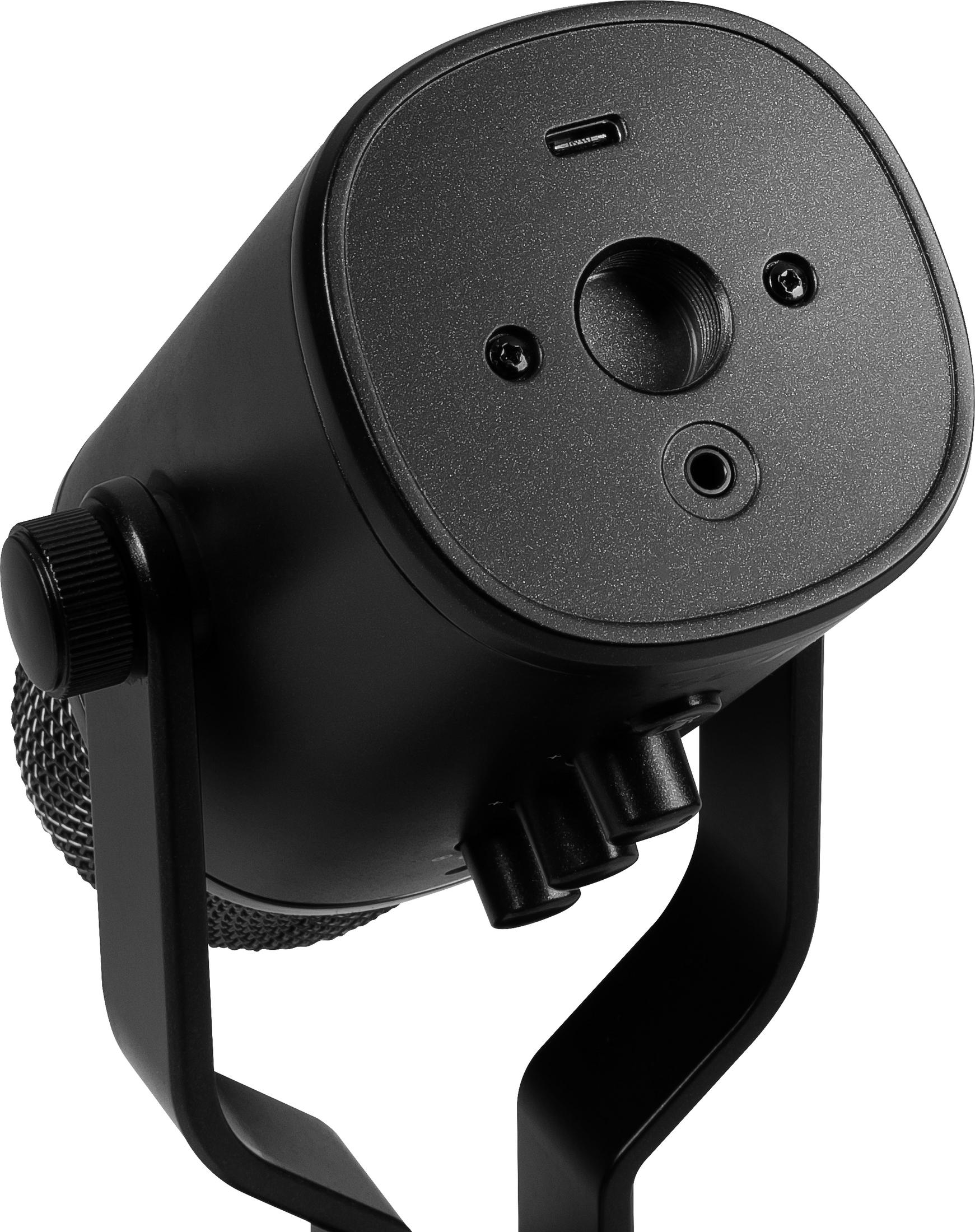 Schwarzes Mikrofon mit einem Mesh-Gitter, einem USB-Anschluss und mehreren Eingängen. Schwarzer Ständer sichtbar.