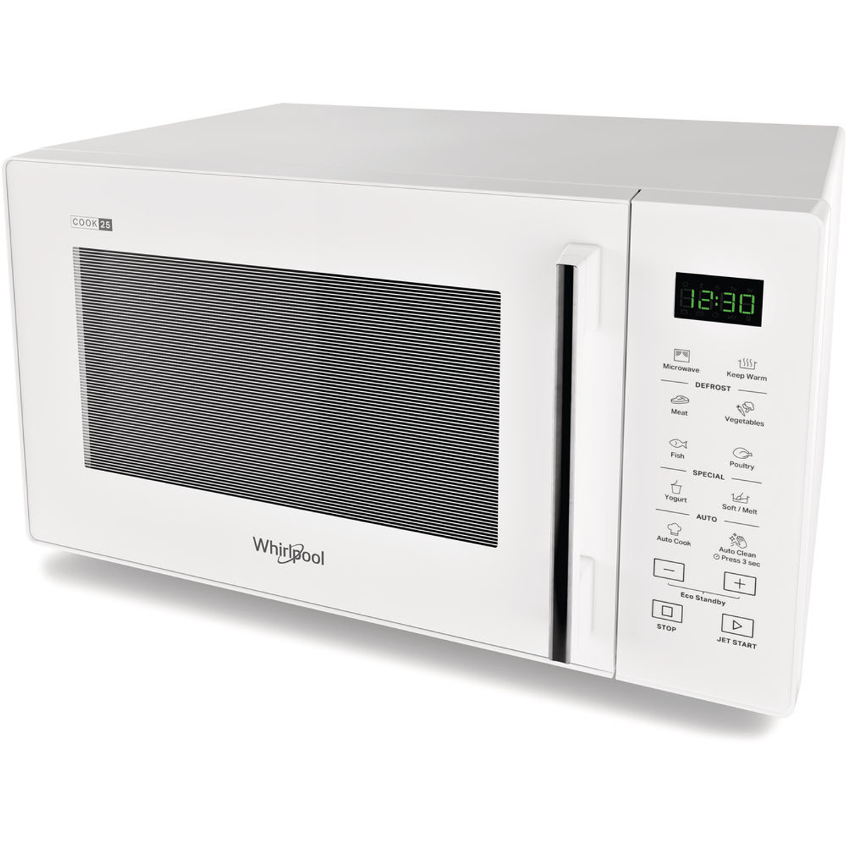 Horno microondas blanco con pantalla de reloj digital y botones de control.