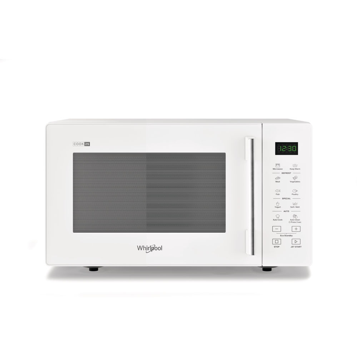 Horno microondas blanco con reloj digital y panel de control a la derecha.