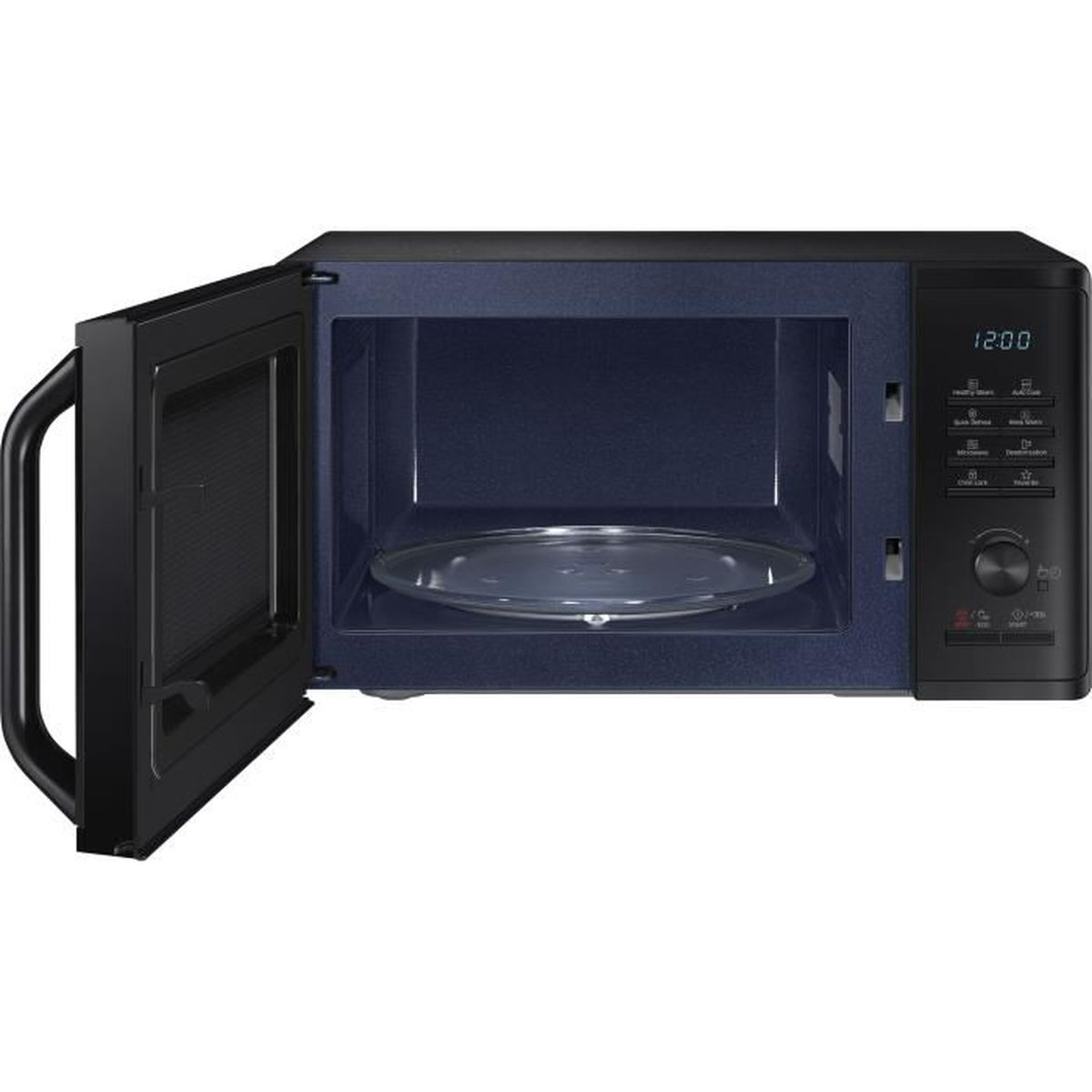 Forno a microonde nero con porta aperta. Interno blu scuro, piatto di vetro.