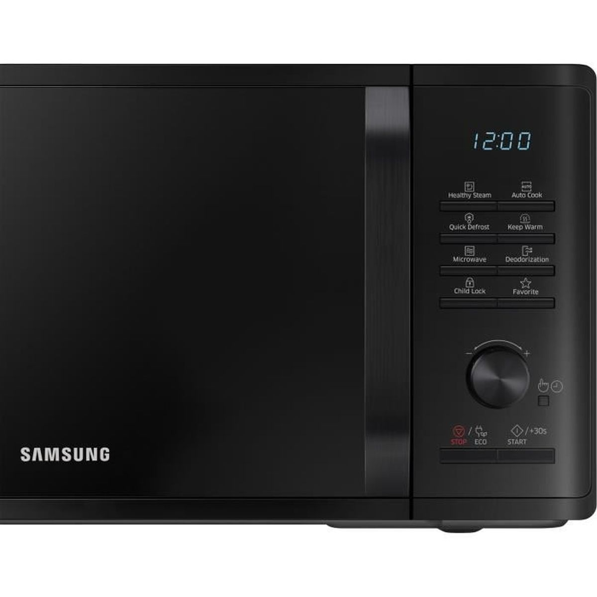 Un forno a microonde Samsung nero con orologio digitale e pannello di controllo.