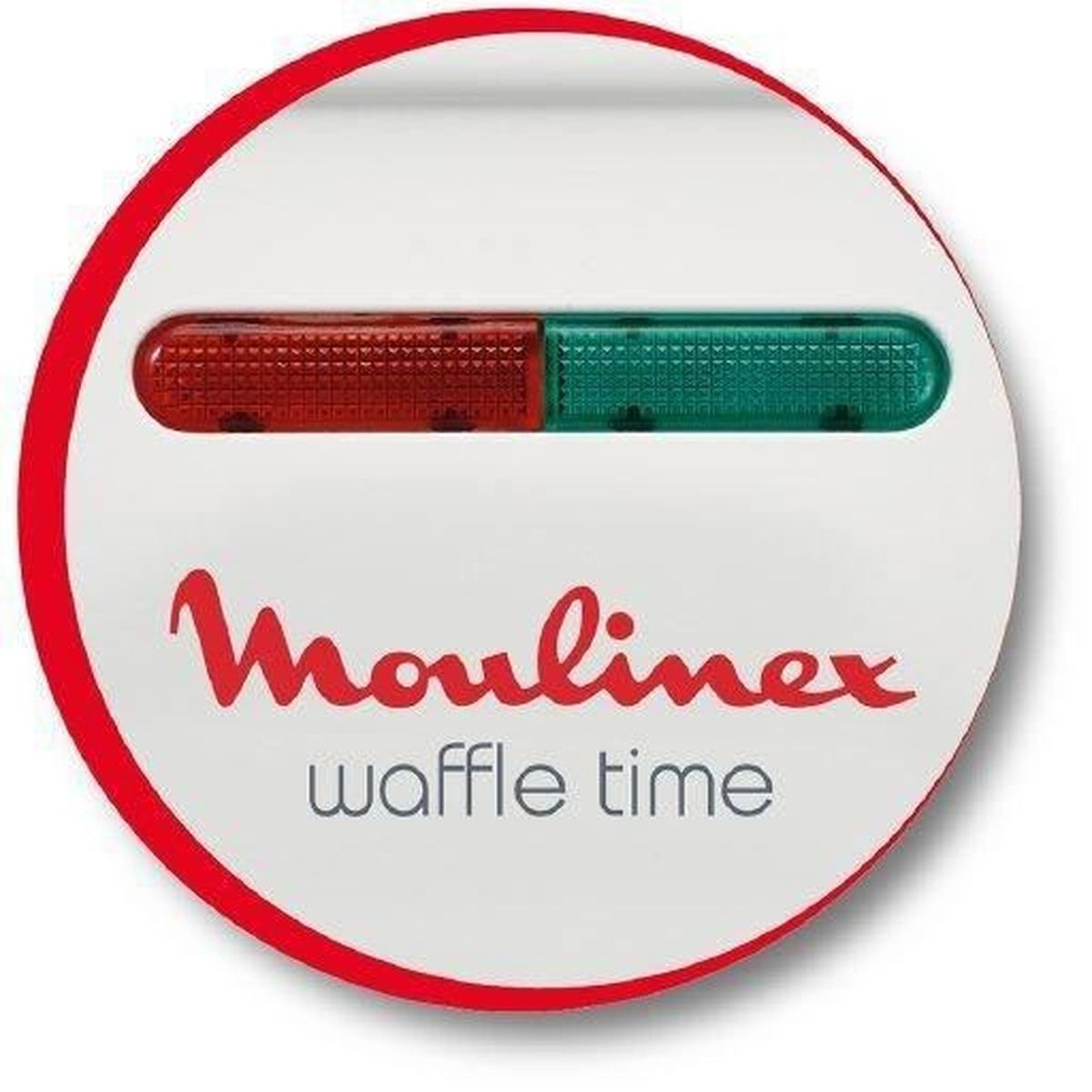 Waffelmaker Moulinex rotondo bianco con luci rosse e verdi e il nome del marchio.