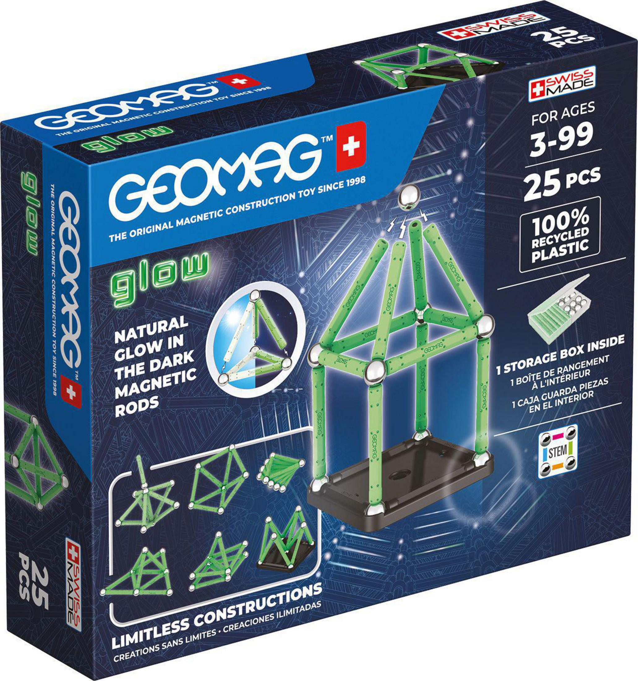 Schachtel mit Geomag Glow magnetischem Konstruktionsspielzeug mit grünen Stäben. Die Box zeigt ein Modell.