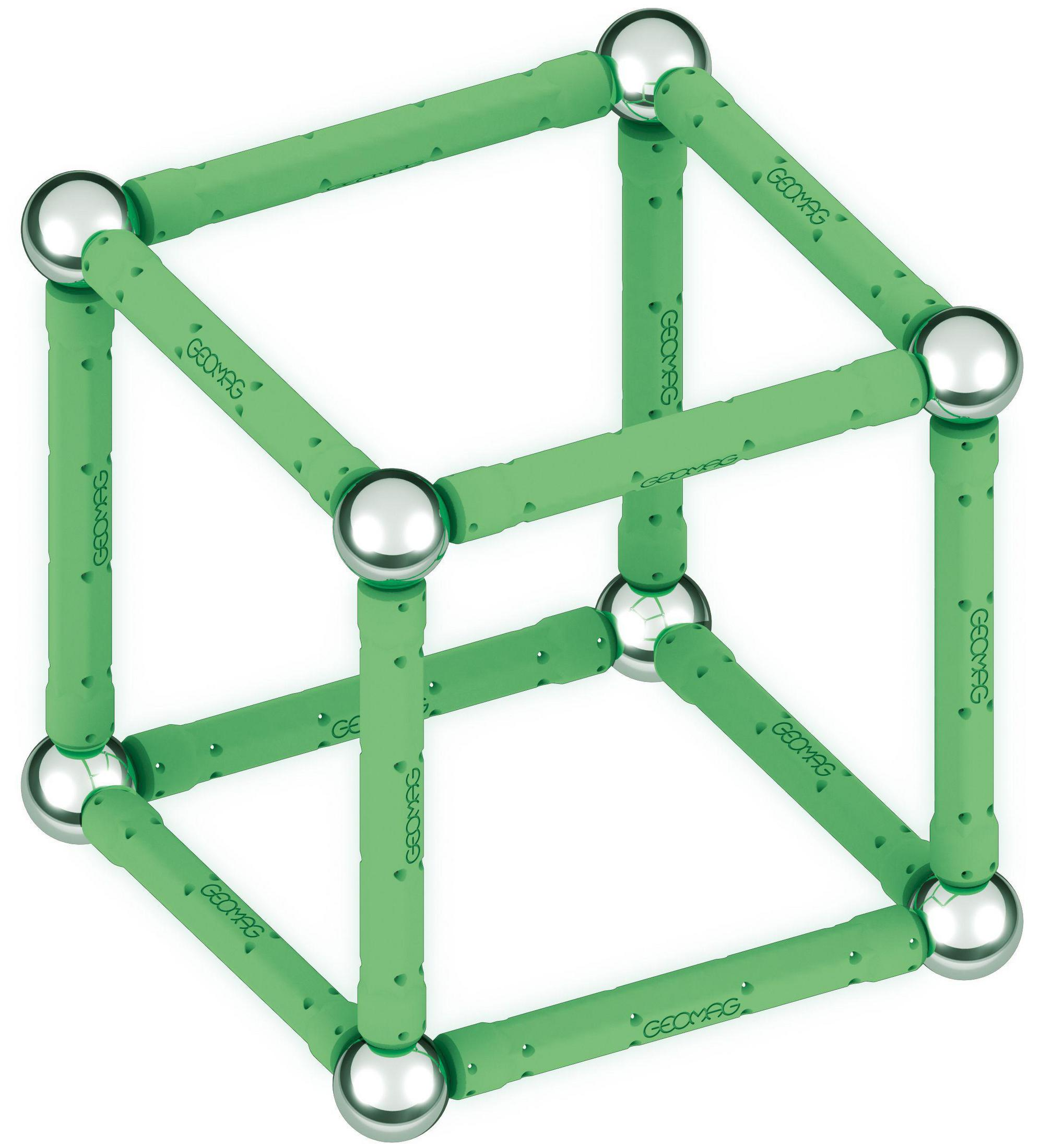 Ein Würfel aus grünen Geomag-Stäben und silbernen Kugeln.