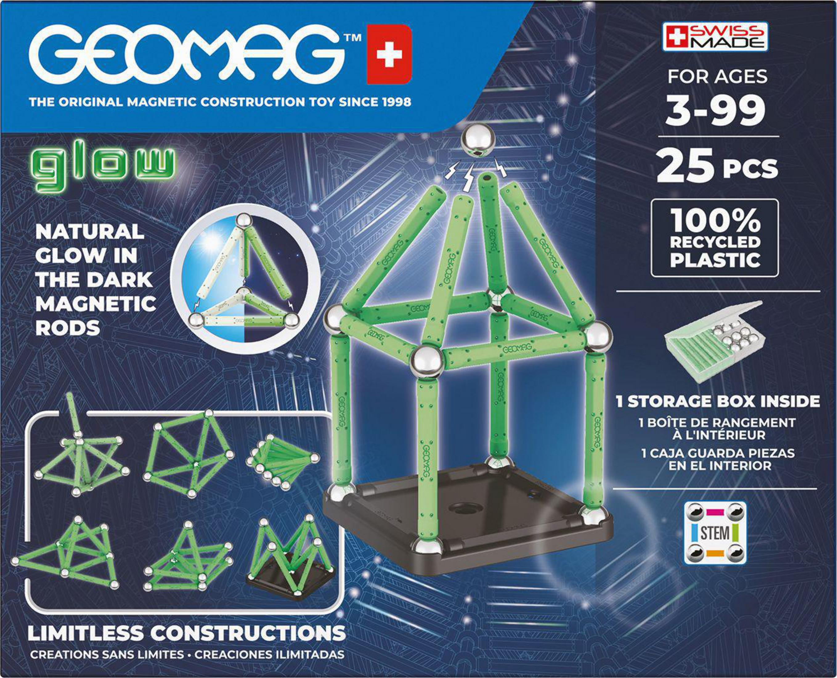 Box mit GeoMag Glow Magnet-Konstruktionsspielzeug. Zeigt eine mit den Spielzeugen gebaute Struktur.