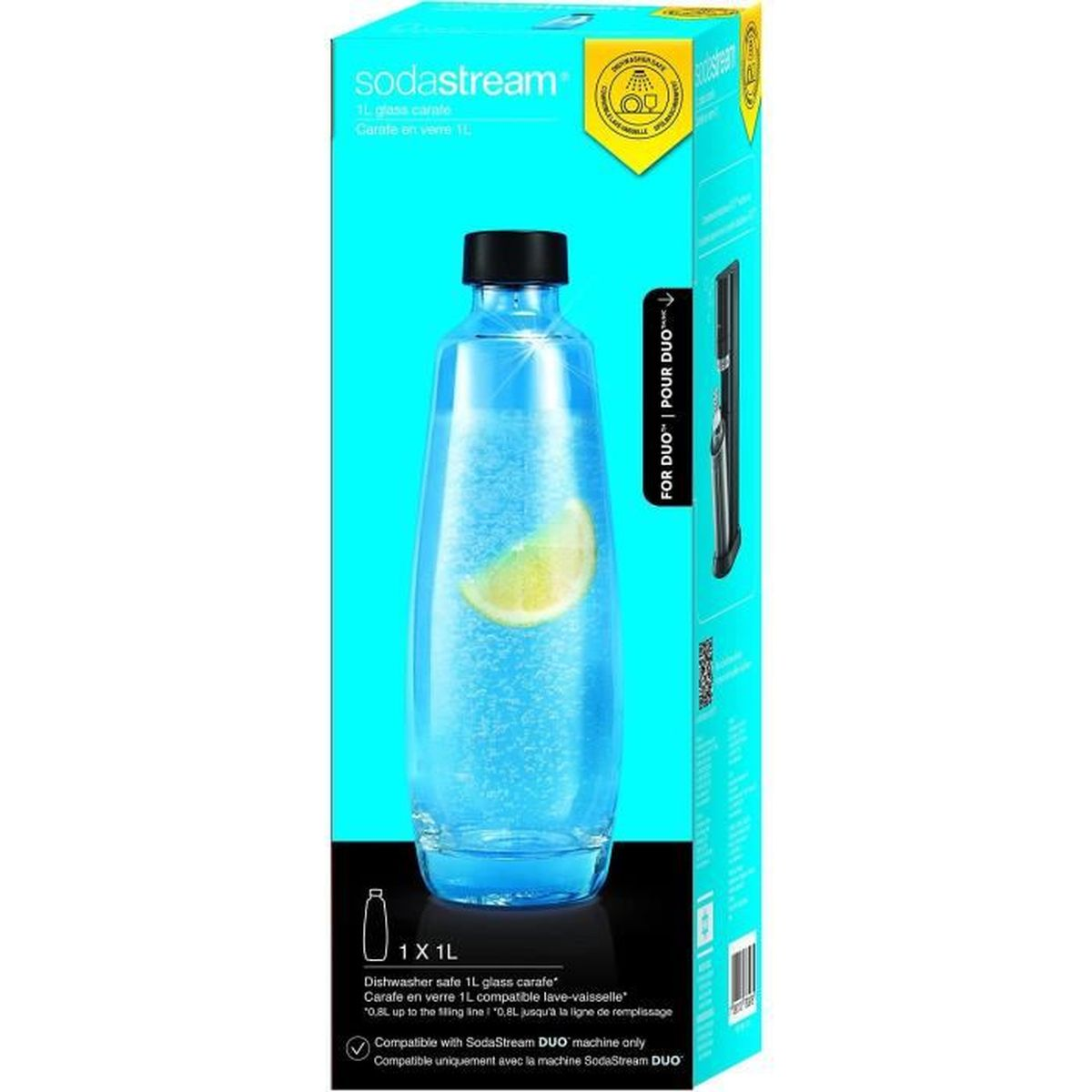 Una caraffa in vetro SodaStream con una fetta di limone. La bottiglia è all'interno di una scatola blu e gialla.