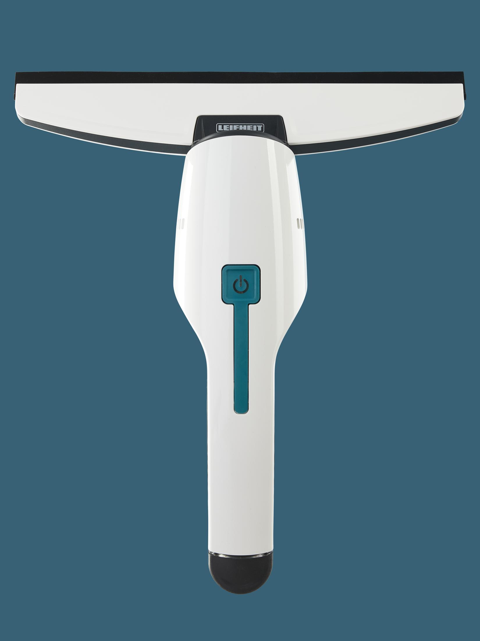 Biała i turkusowa myjka do okien. Posiada przycisk zasilania.