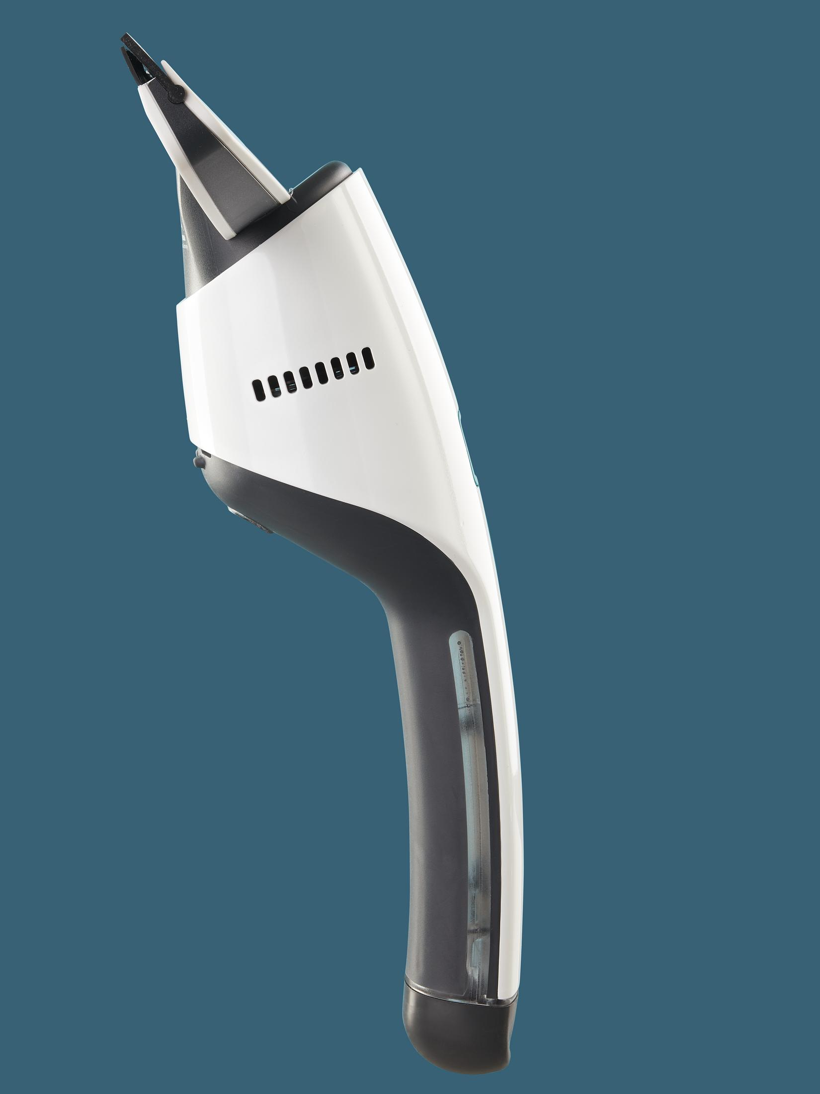 Biała i szara ręczna parownica na niebieskim tle.