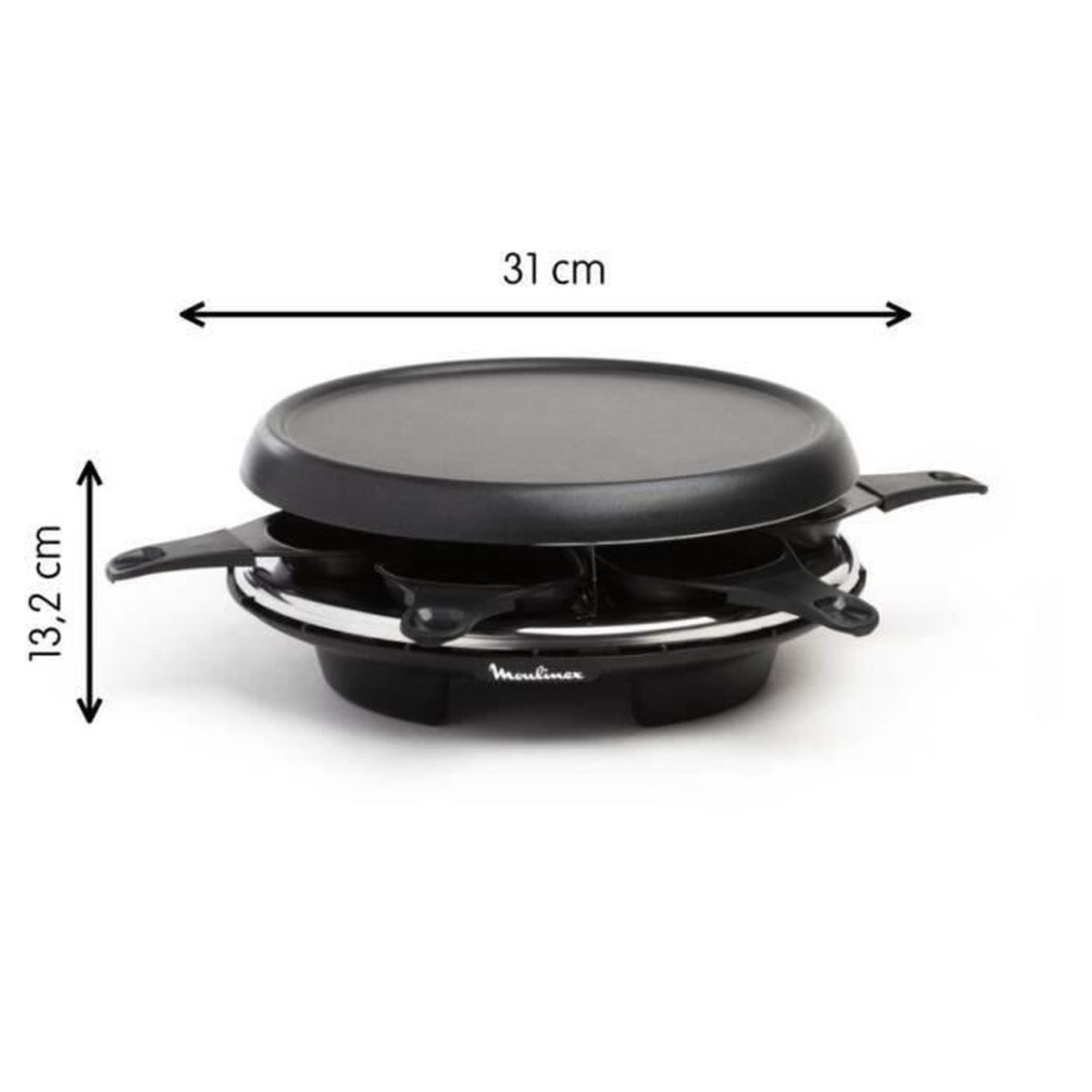 Czarny grill do raclette z 4 patelniami i okrągłą powierzchnią do gotowania. Wymiary.