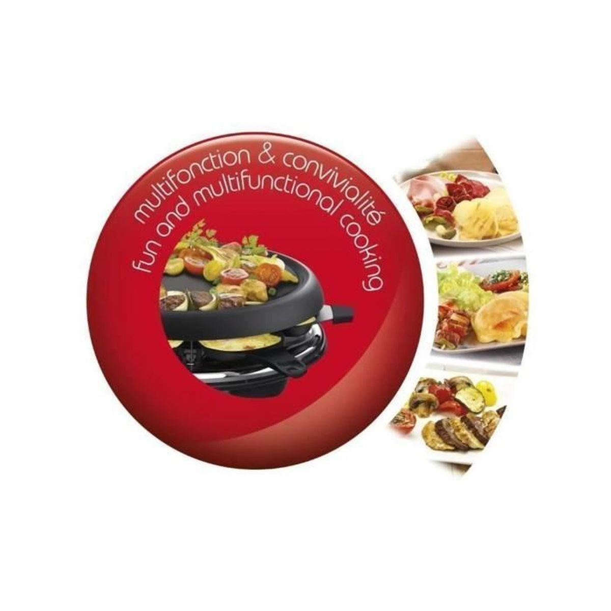 Grill do raclette z jedzeniem. Czerwone koło z tekstem. Talerze z jedzeniem po prawej.