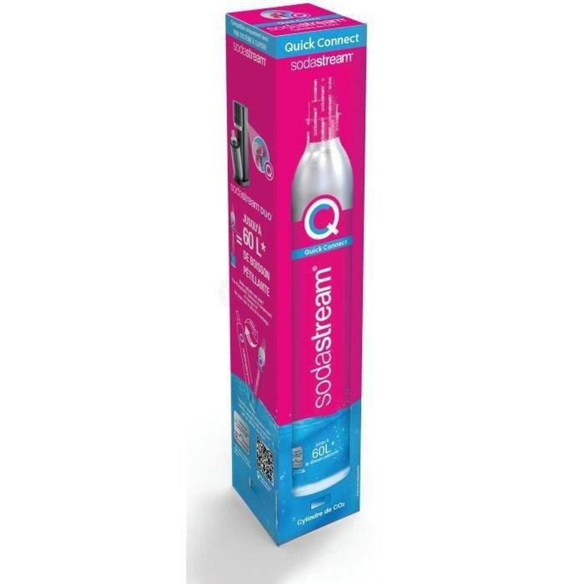 Scatola alta rosa e blu di Sodastream. È visibile una bottiglia di soda. Sfondo bianco.