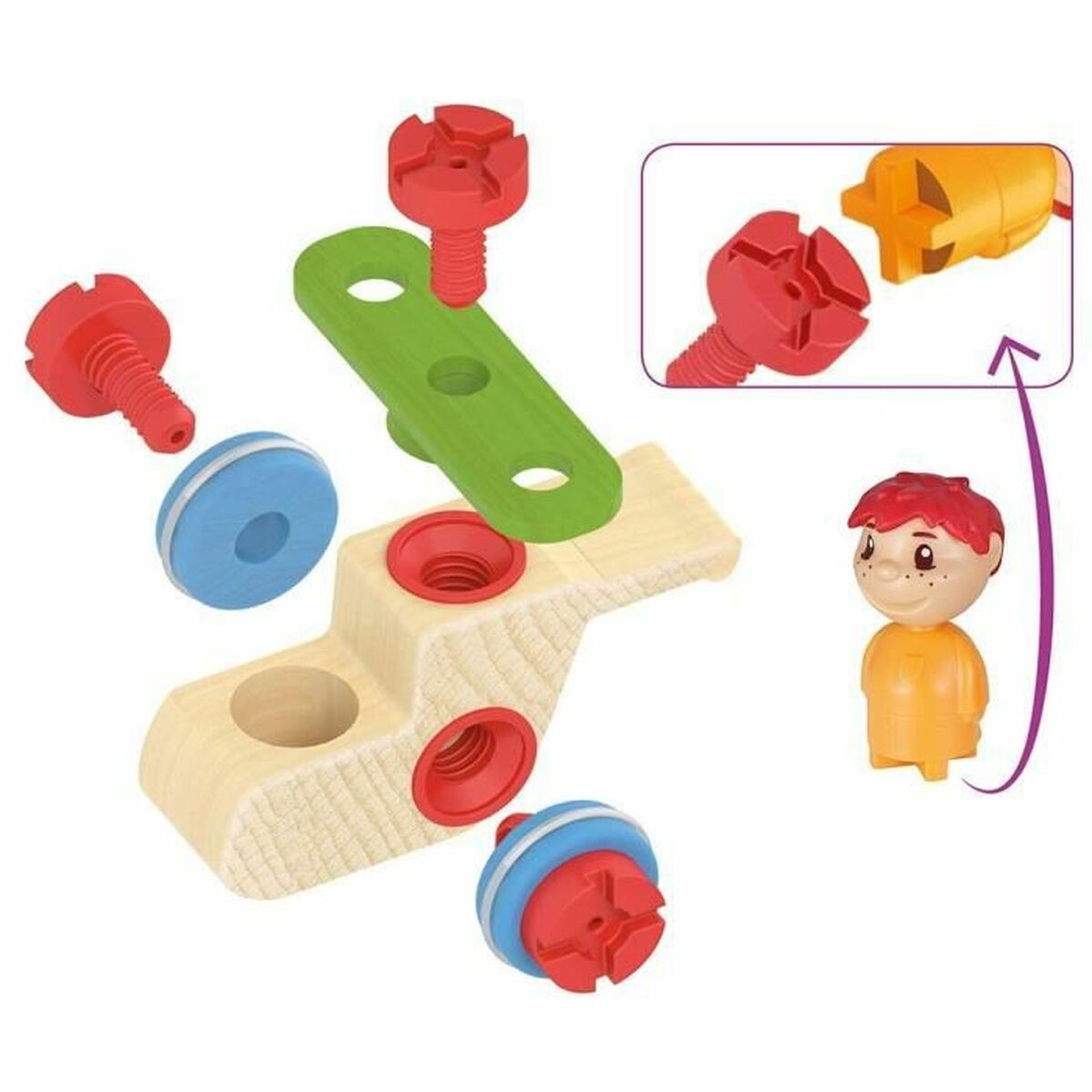 Elementy drewnianej zabawki. Śruby, element w kształcie schodów i mała zabawka.