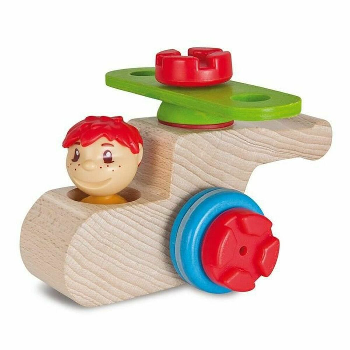 Drewniana zabawka z czerwonym i zielonym wierzchem, uśmiechniętą buzią i niebieskim kołem.
