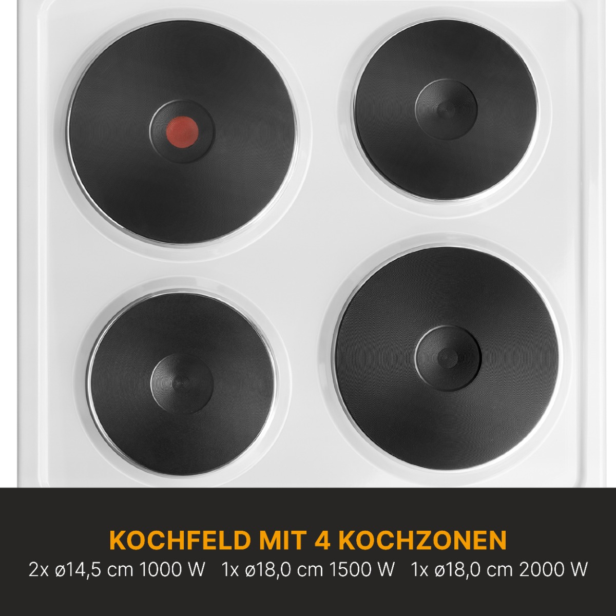 Nahaufnahme eines weißen Elektroherds mit vier schwarzen Kochzonen. Text unten: 'KOCHFELD MIT 4 KOCHZONEN' und Spezifikationen.