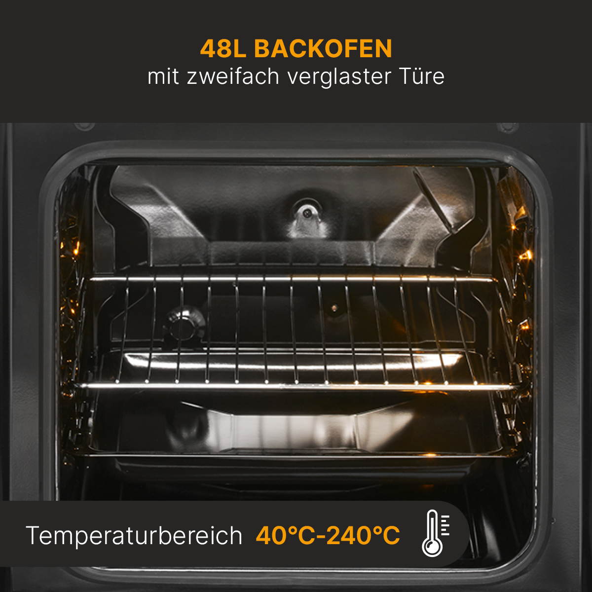 Innenraum eines Ofens mit Rosten, Temperaturbereich 40°C-240°C. Text oben: 48L BACKOFEN. Die Ofentür ist doppelt verglast.