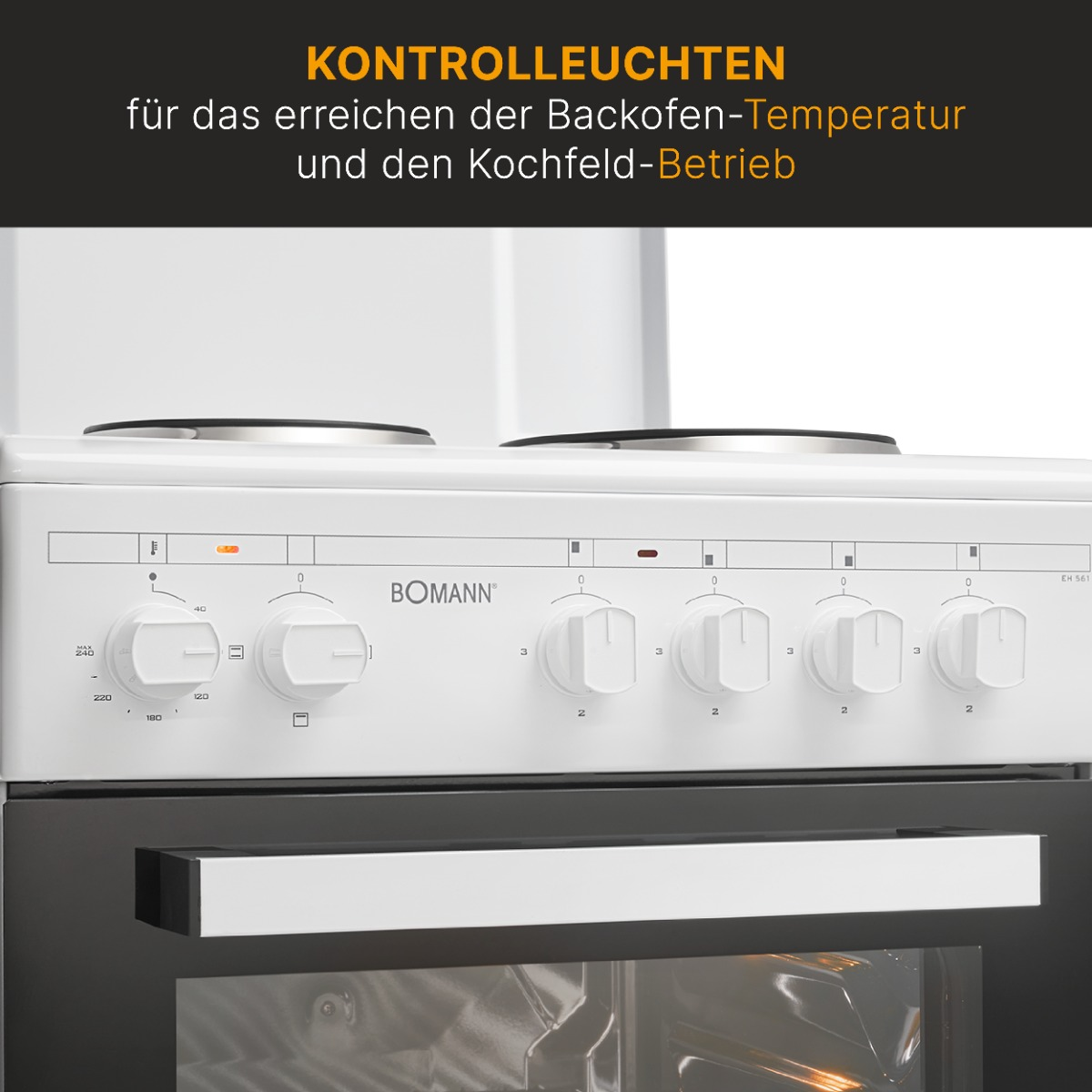 Ein weißer Ofen mit Knöpfen und einer Glastür. Der Markenname lautet BOMANN. Kontrollleuchten und Temperaturregler sind sichtbar.