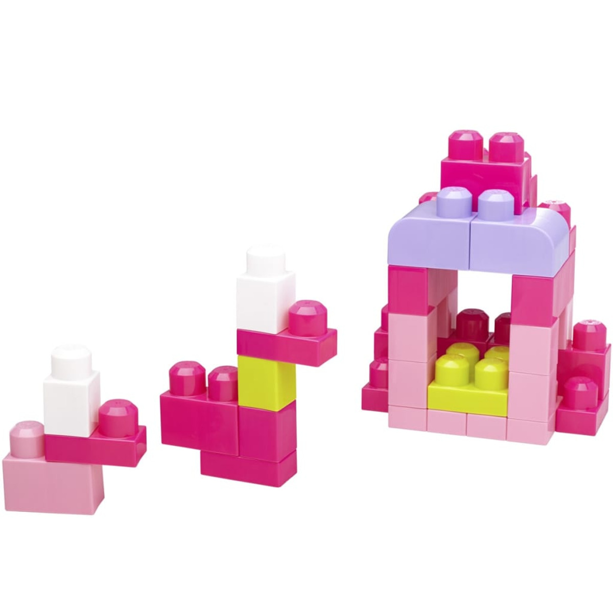 Kolorowe klocki w kolorach różowym, białym, żółtym i fioletowym, ułożone na białej powierzchni.
