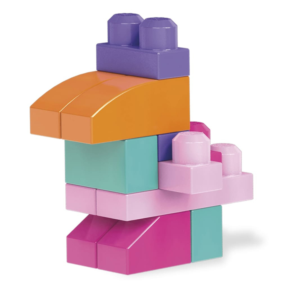 Kolorowa konstrukcja z klocków, wykonana z różnych kształtów i kolorów, na białym tle.