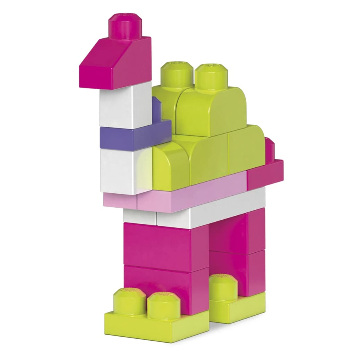 Zabawkowy dinozaur wykonany z kolorowych klocków, z różowymi, zielonymi, białymi i fioletowymi klockami.