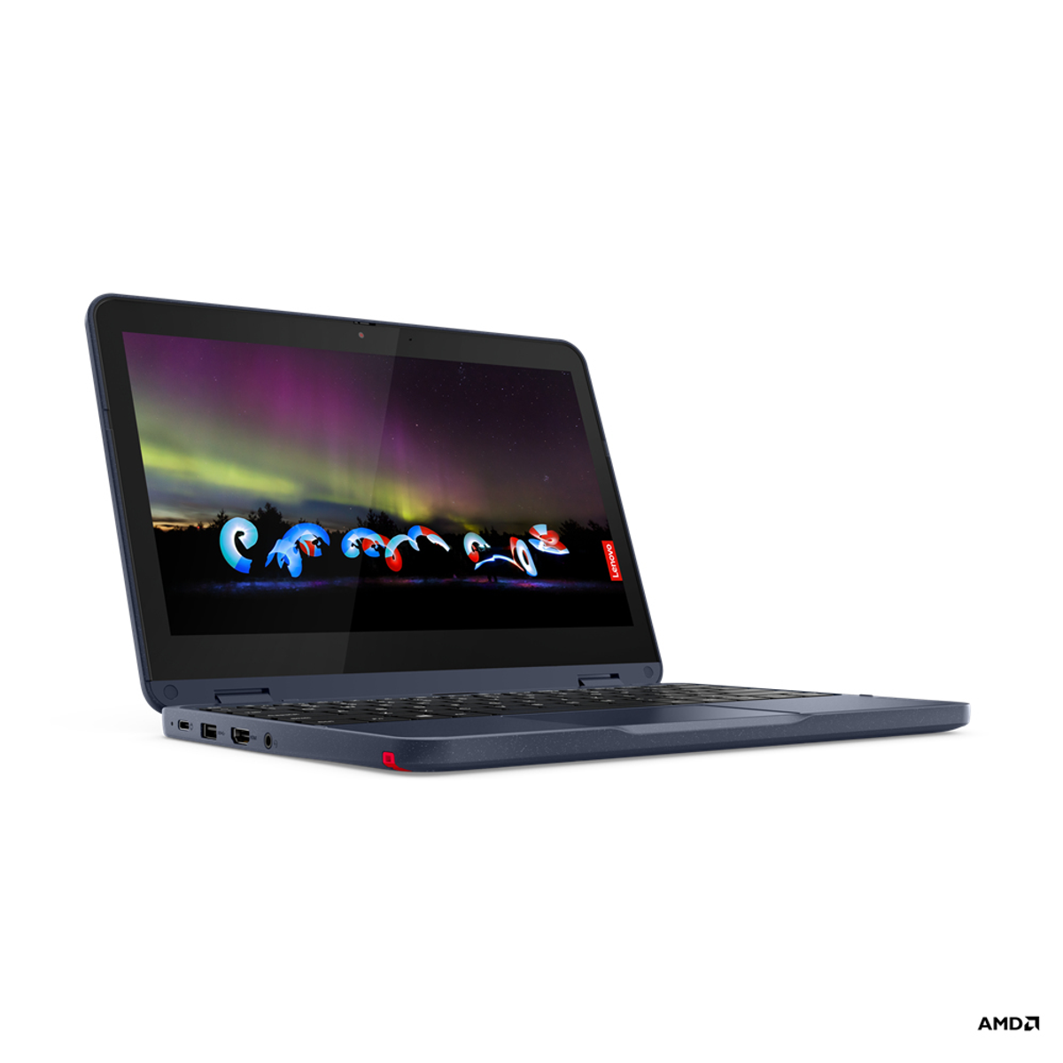 Ein blaues Lenovo Chromebook-Laptop ist geöffnet und zeigt einen bunten Bildschirm an. Der Hintergrund ist weiß. Das Logo ist sichtbar.