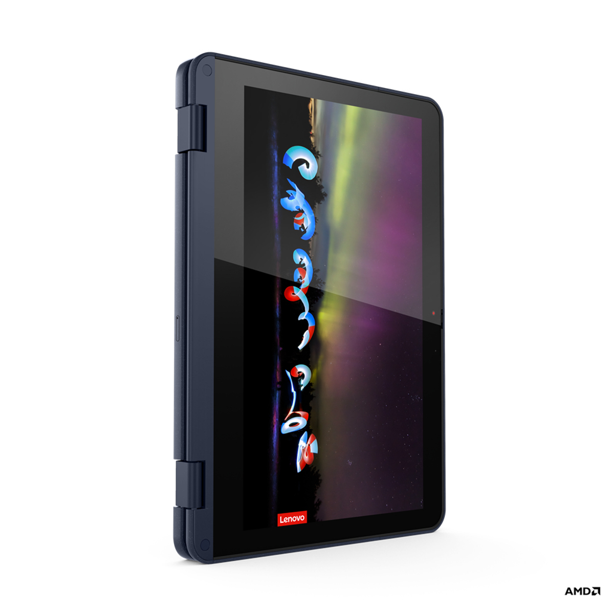 Ein dunkelblaues Lenovo-Tablet ist leicht geöffnet. Der Bildschirm zeigt bunte Wirbel mit einem lila-grünen Hintergrund.