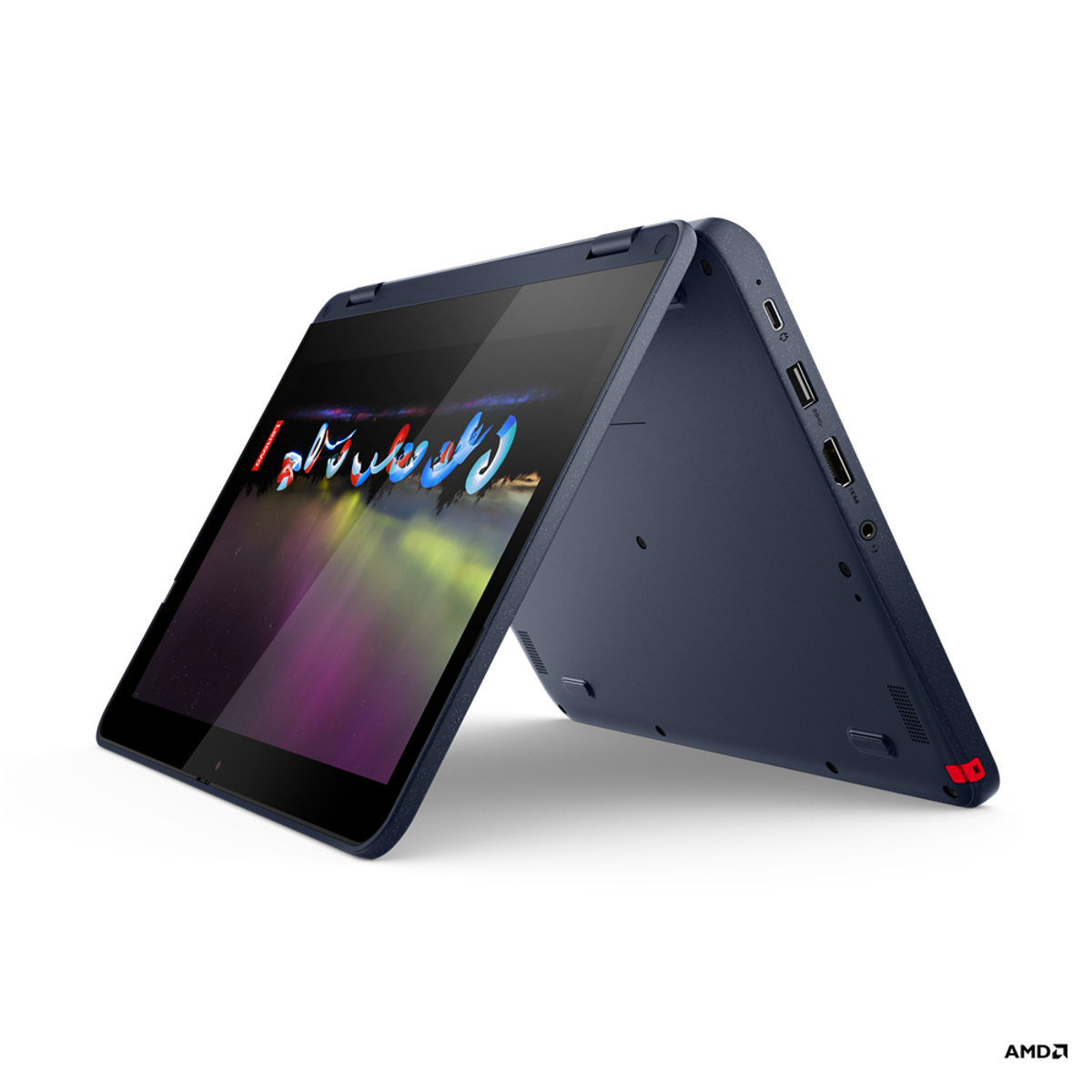 Ein marineblauer Laptop im Tablet-Modus, der Bildschirm zeigt eine farbenfrohe Grafik, steht auf einer weißen Oberfläche. AMD-Logo unten.